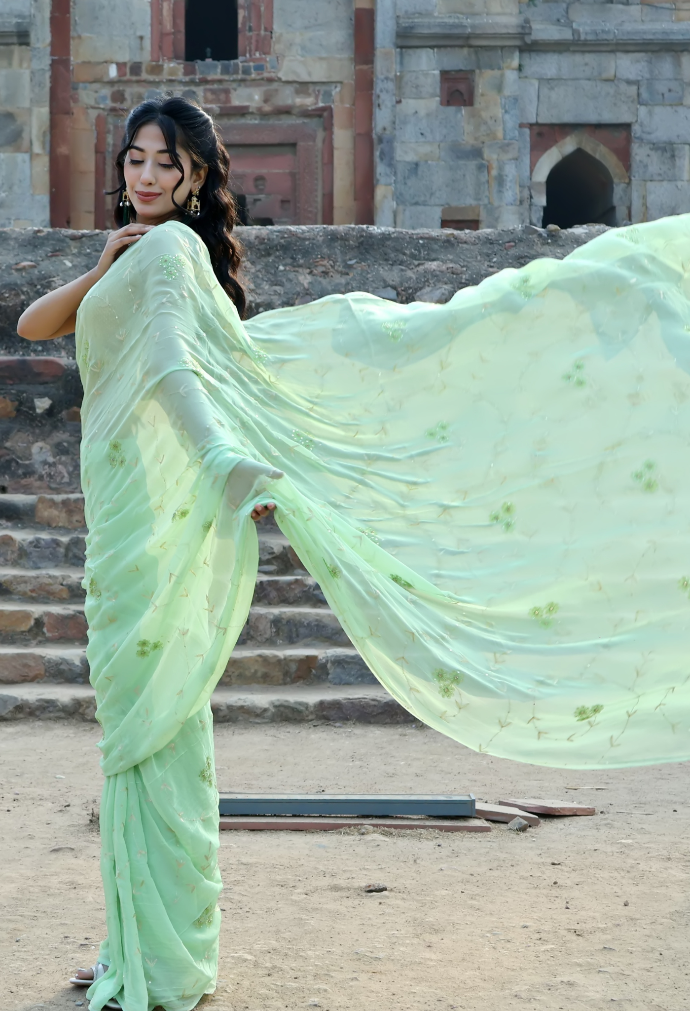 Green Pearl Gold Embroidered Pure Chiffon chiffon saree styled as festive wear, daily wear saree, and party wear saree, a versatile trousseau saree for weddings.