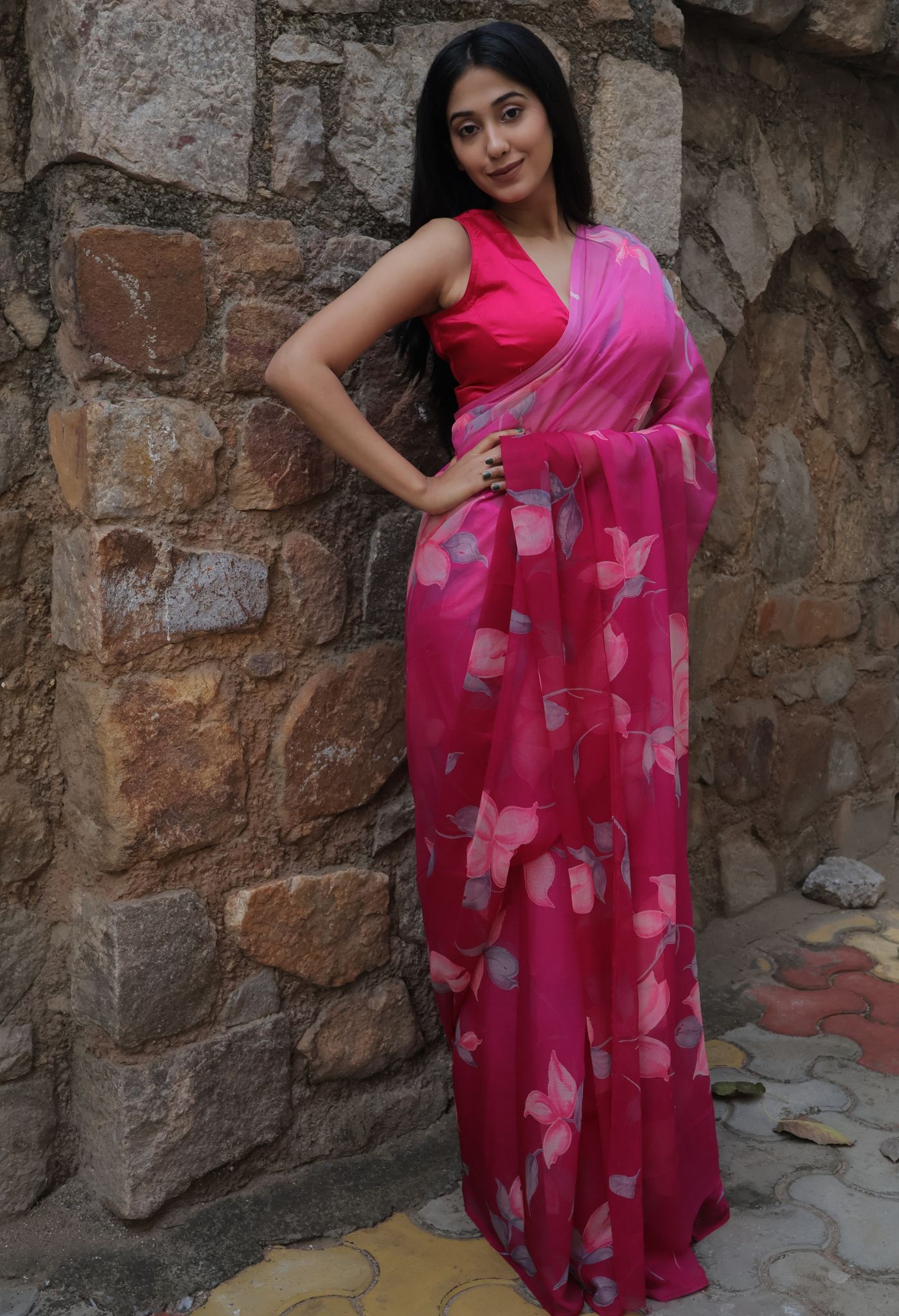 Thunder Black Floral Printed Chiffon Saree