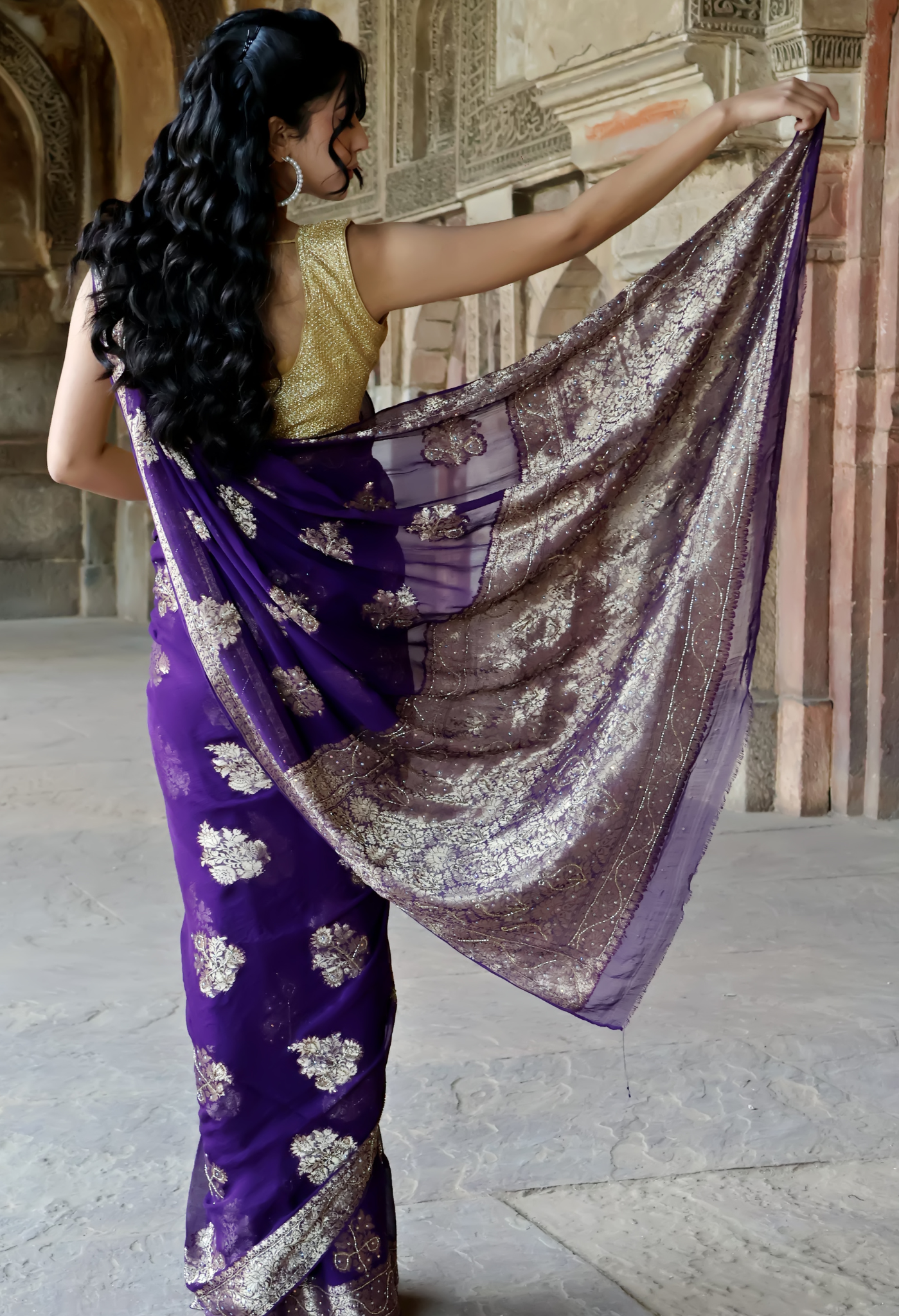 Elegant Dark Purple Banarasi chiffon leheriya saree for festive wear, trousseau saree, or farewell saree for timeless pre-wedding collection looks.