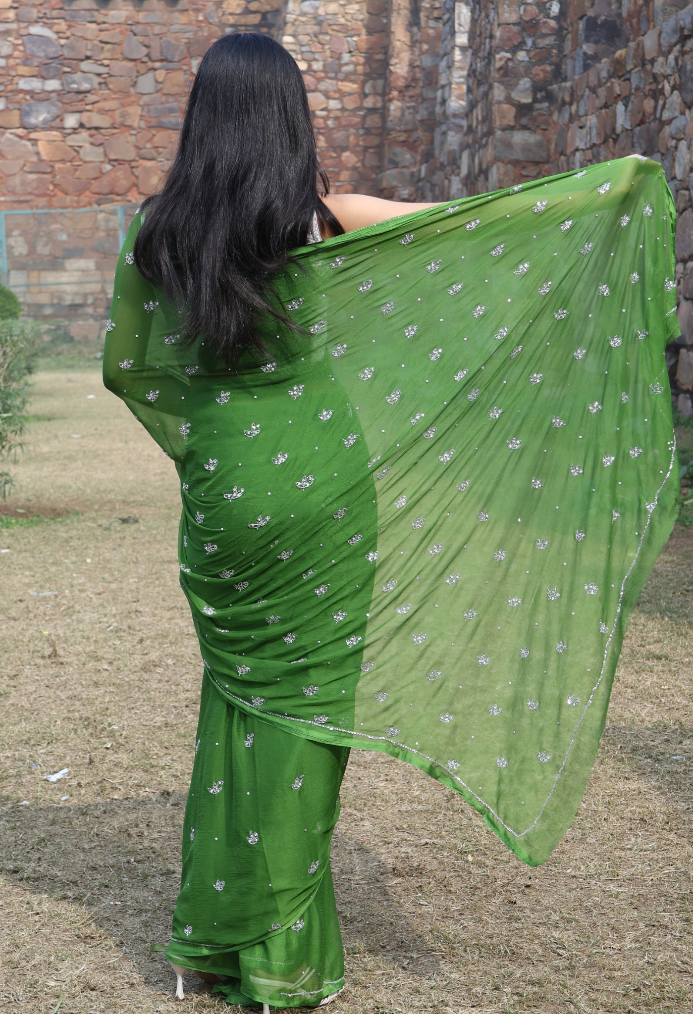 Jag Mag Sitara Green Chiffon Saree