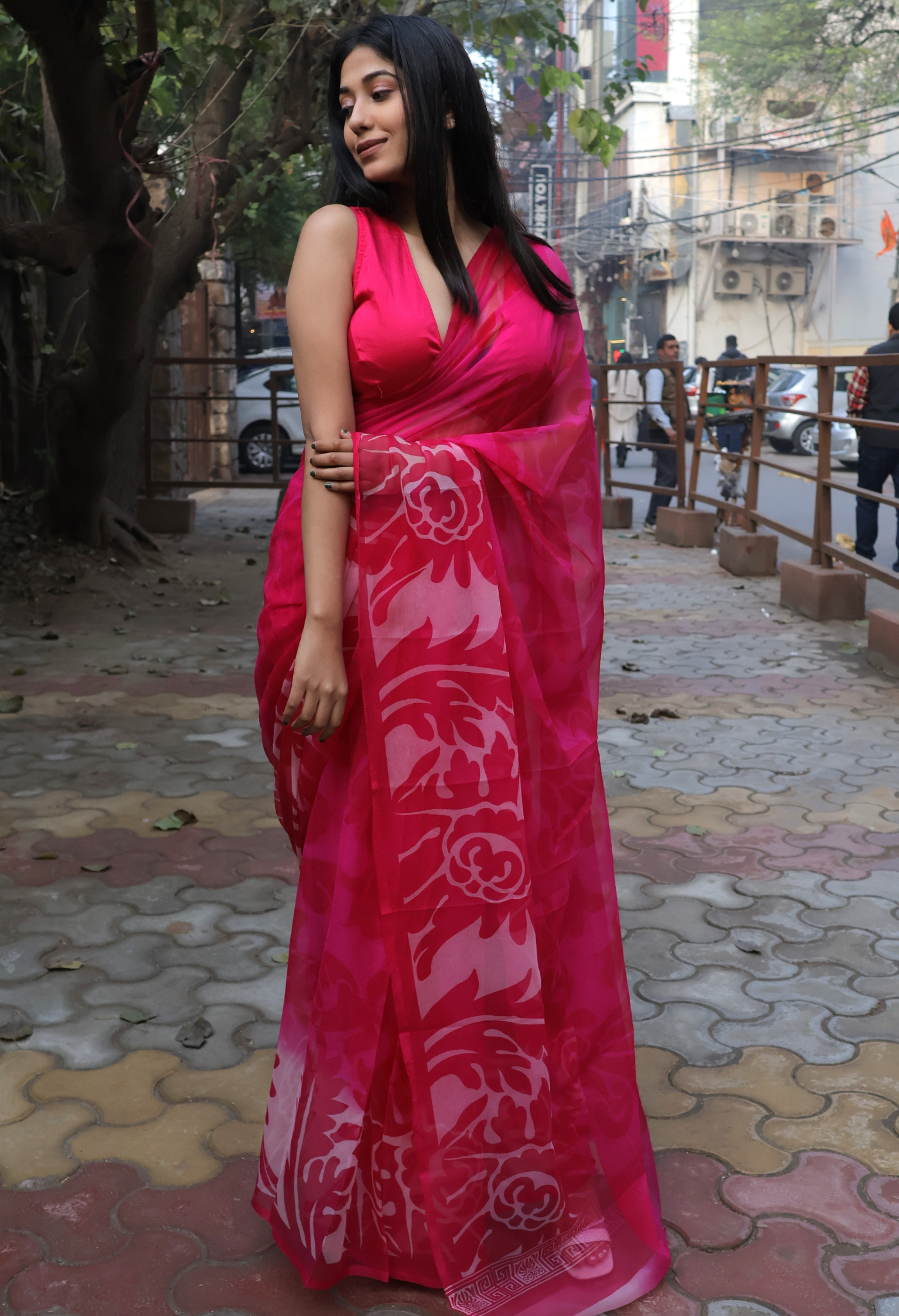 Ruby Pink Printed Chiffon Saree