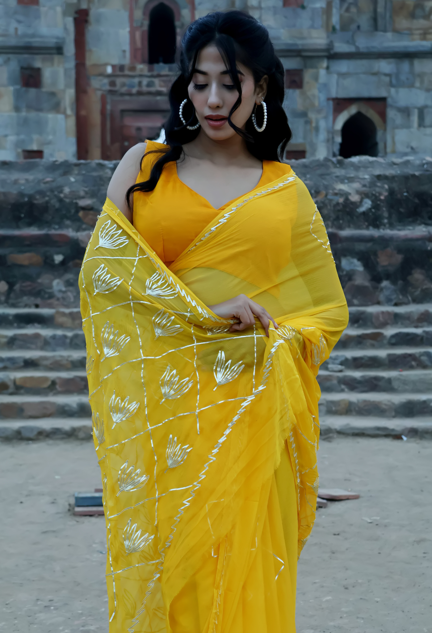 Sunshine Radiant Gotta Work Sophisticated chiffon saree designed for festive wear, pre-wedding collection, versatile as party wear saree and trousseau saree.