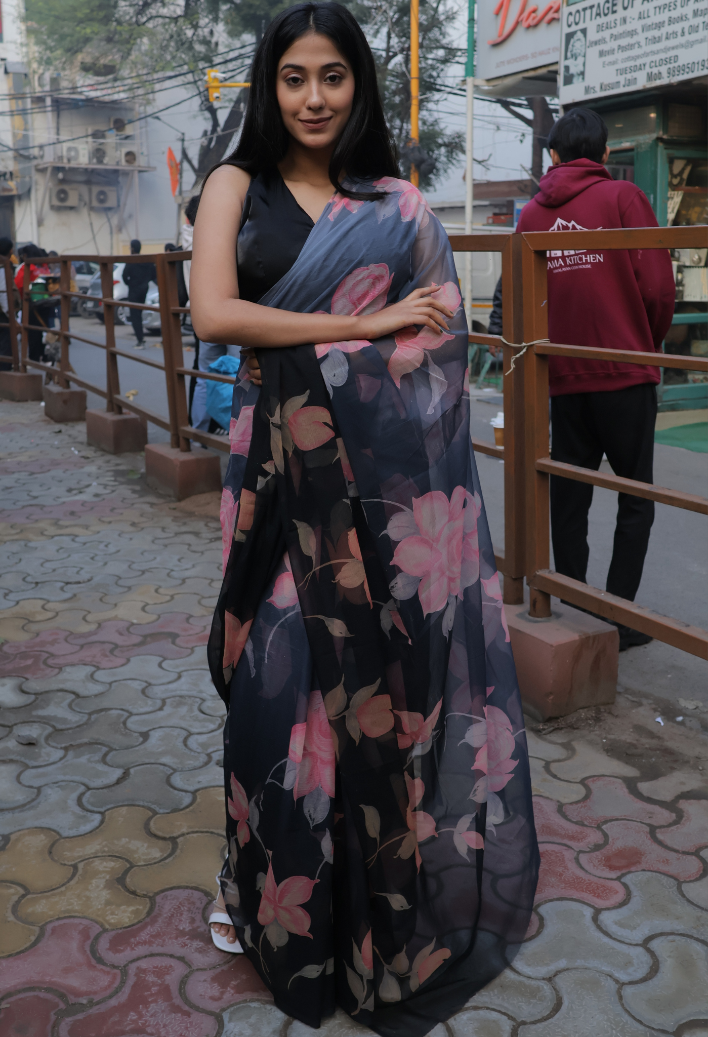 Thunder Black Floral Printed Chiffon Saree