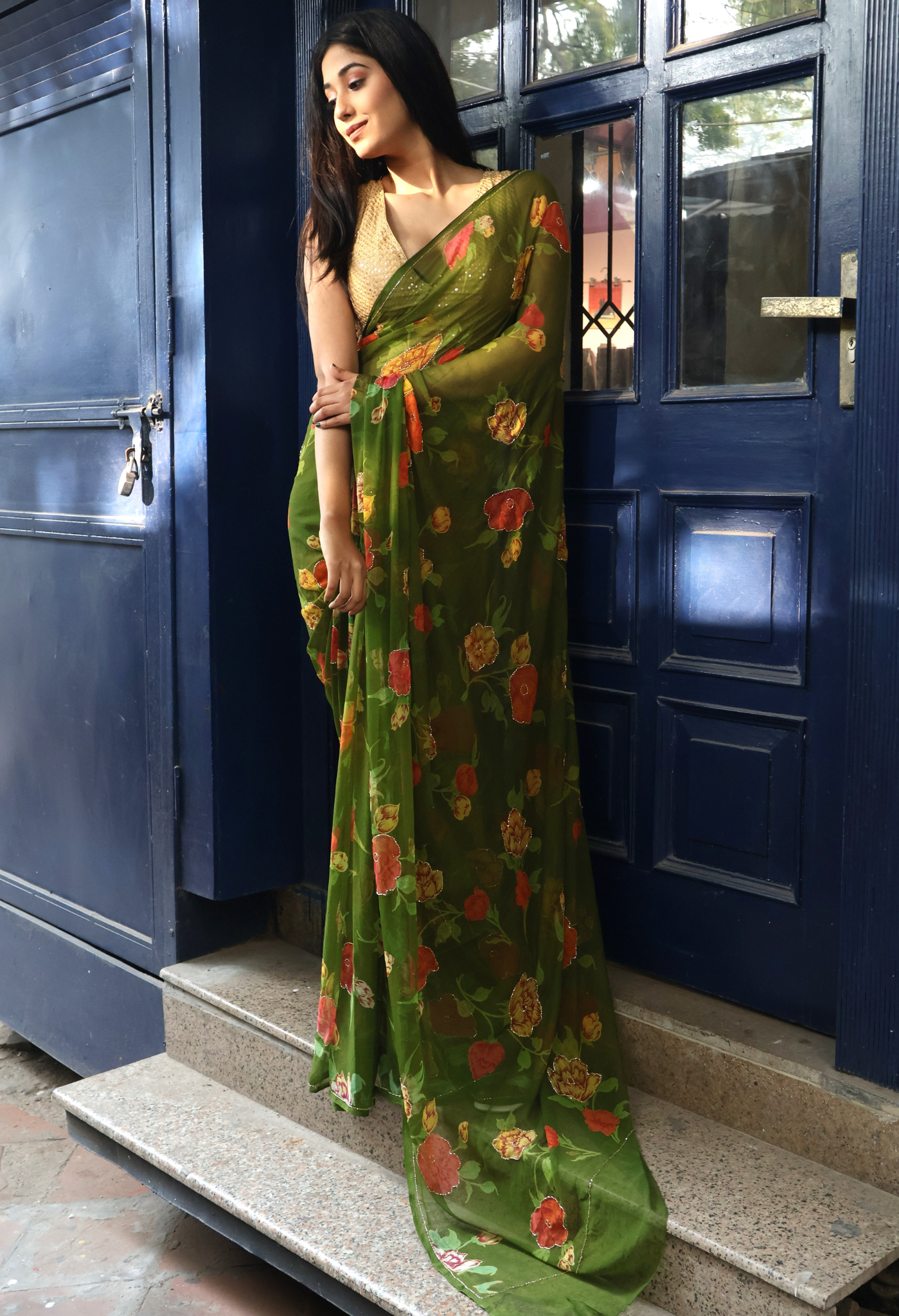 Avacado Green Floral chiffon leheriya saree for festive wear, trousseau saree, or farewell saree for timeless pre-wedding collection looks.