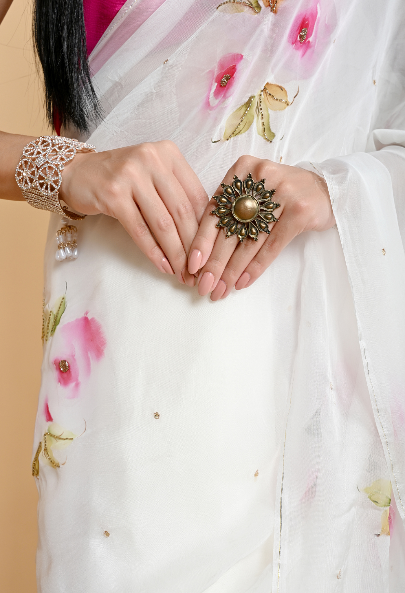 Cheeky Rose Hand Painted chiffon leheriya saree for festive wear, trousseau saree, or farewell saree for timeless pre-wedding collection looks.