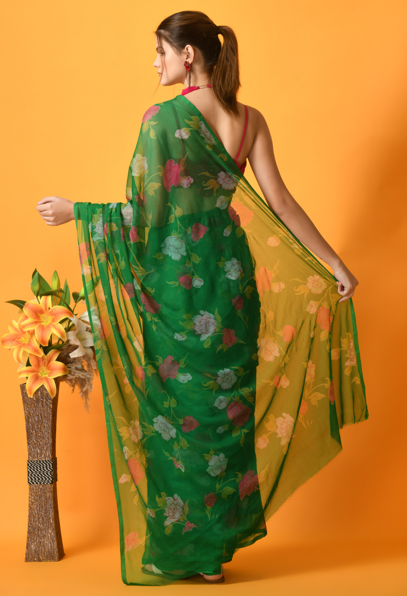 Texas Green Floral Printed Chiffon Saree