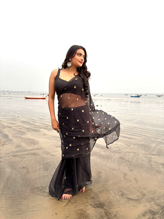 Charcoal Black Boota Chiffon Saree
