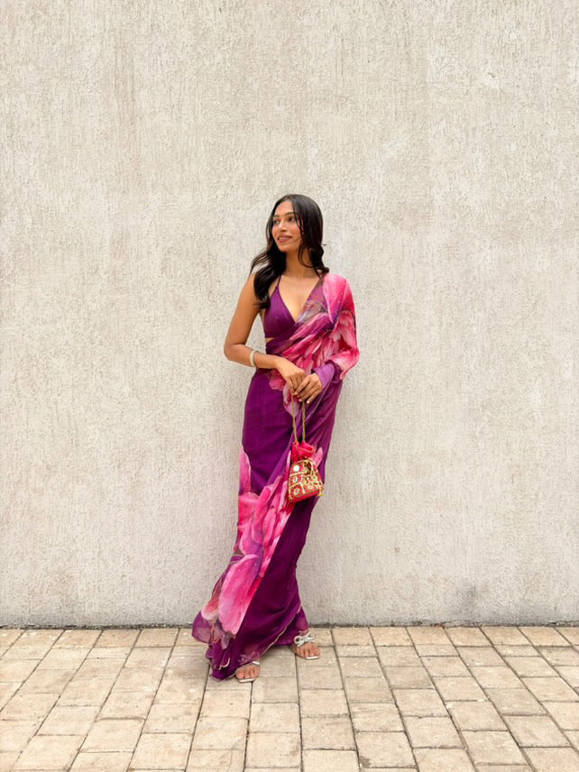 Persian Plum Floral Saree with Cut dana work and Scallop Border