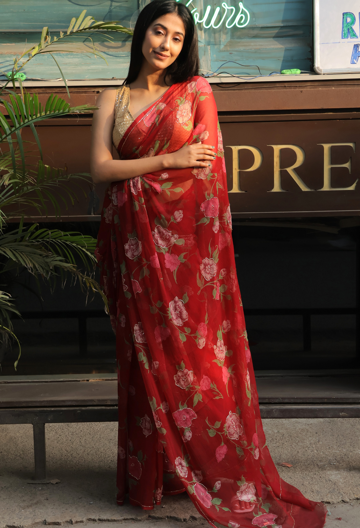 Royal Maroon Floral chiffon leheriya saree for festive wear, trousseau saree, or farewell saree for timeless pre-wedding collection looks.