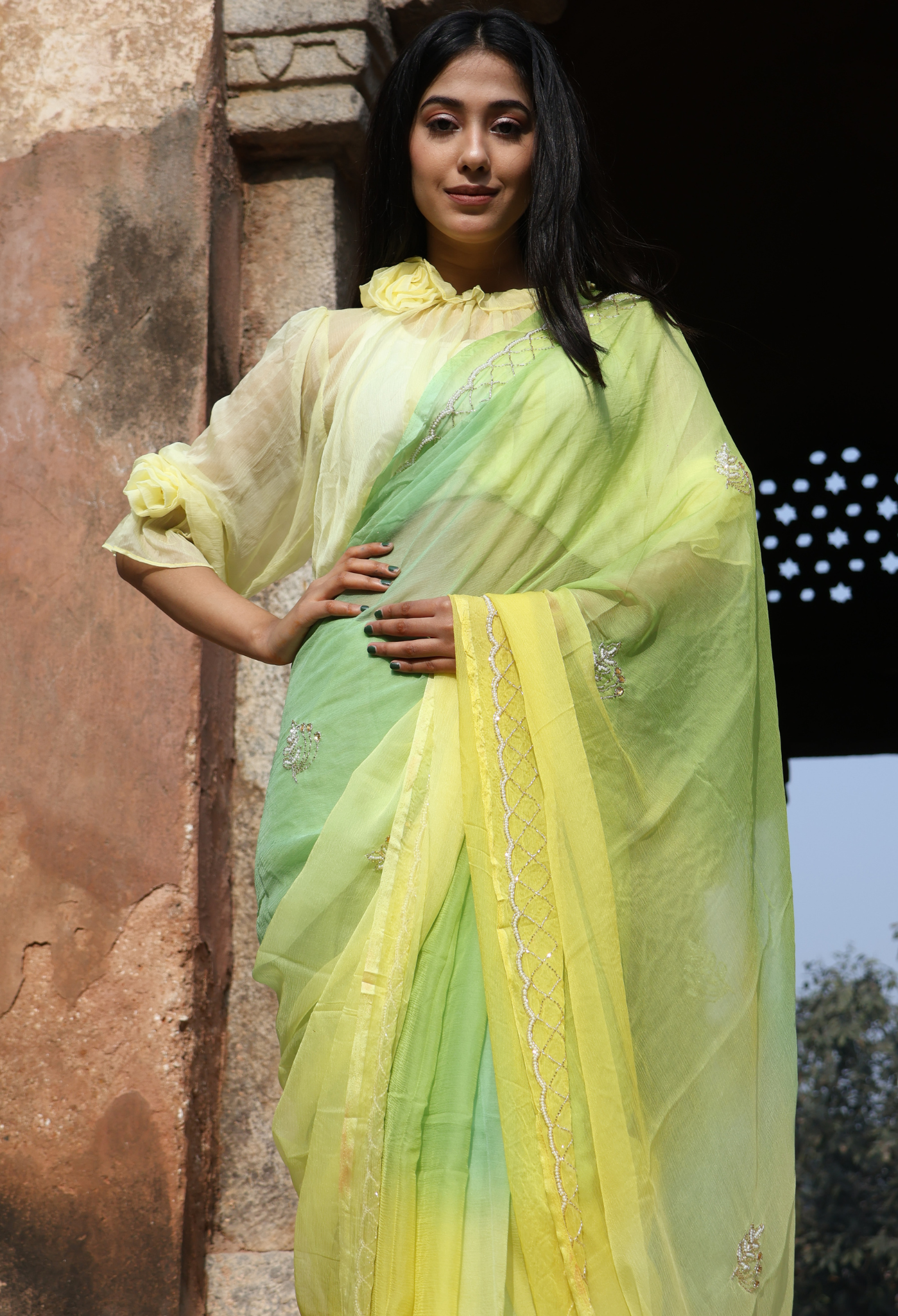 Lime Mellow Multi Hue Chiffon Saree