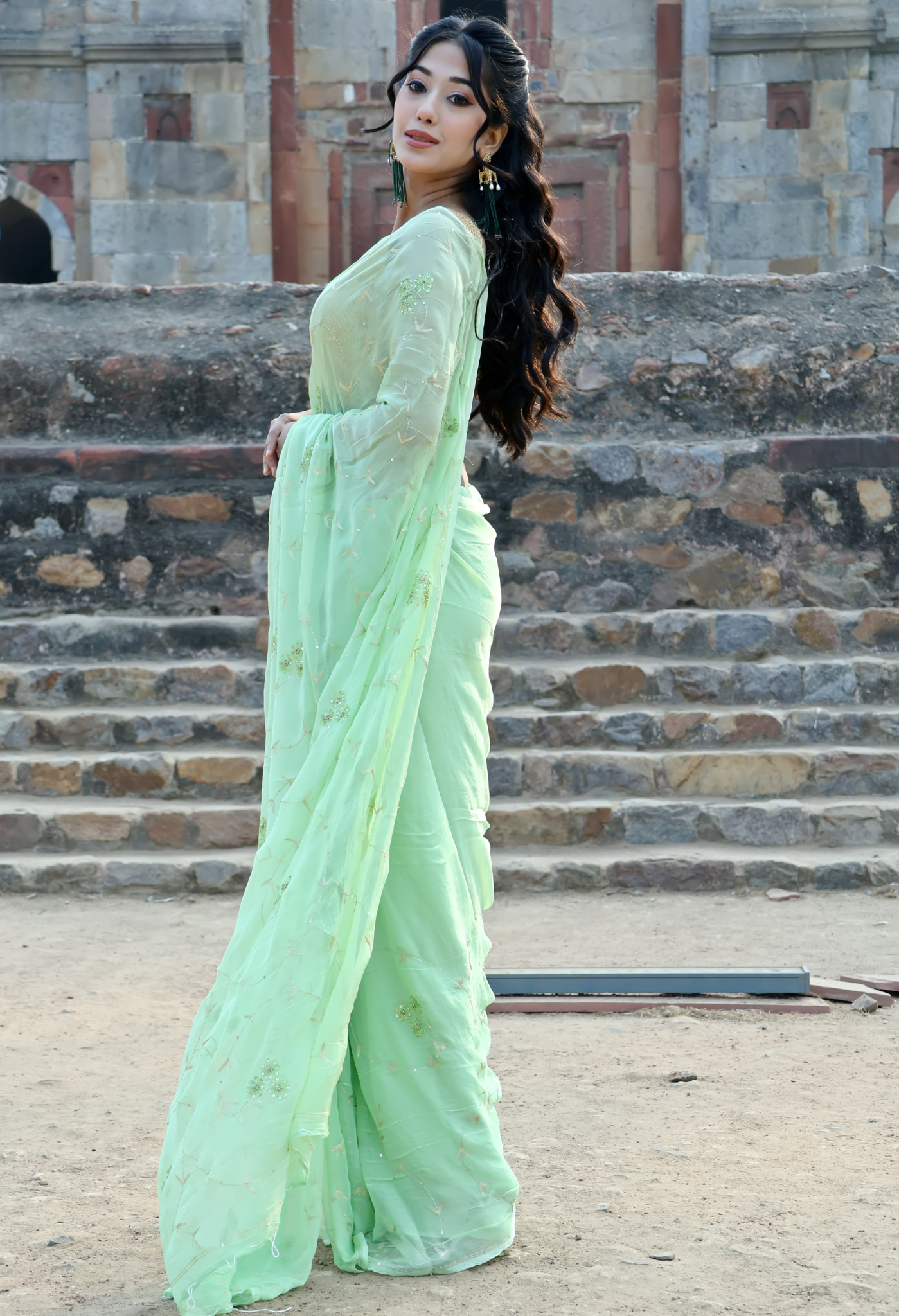 Green Pearl Gold Embroidered Pure Chiffon chiffon saree styled as festive wear, daily wear saree, and party wear saree, a versatile trousseau saree for weddings.