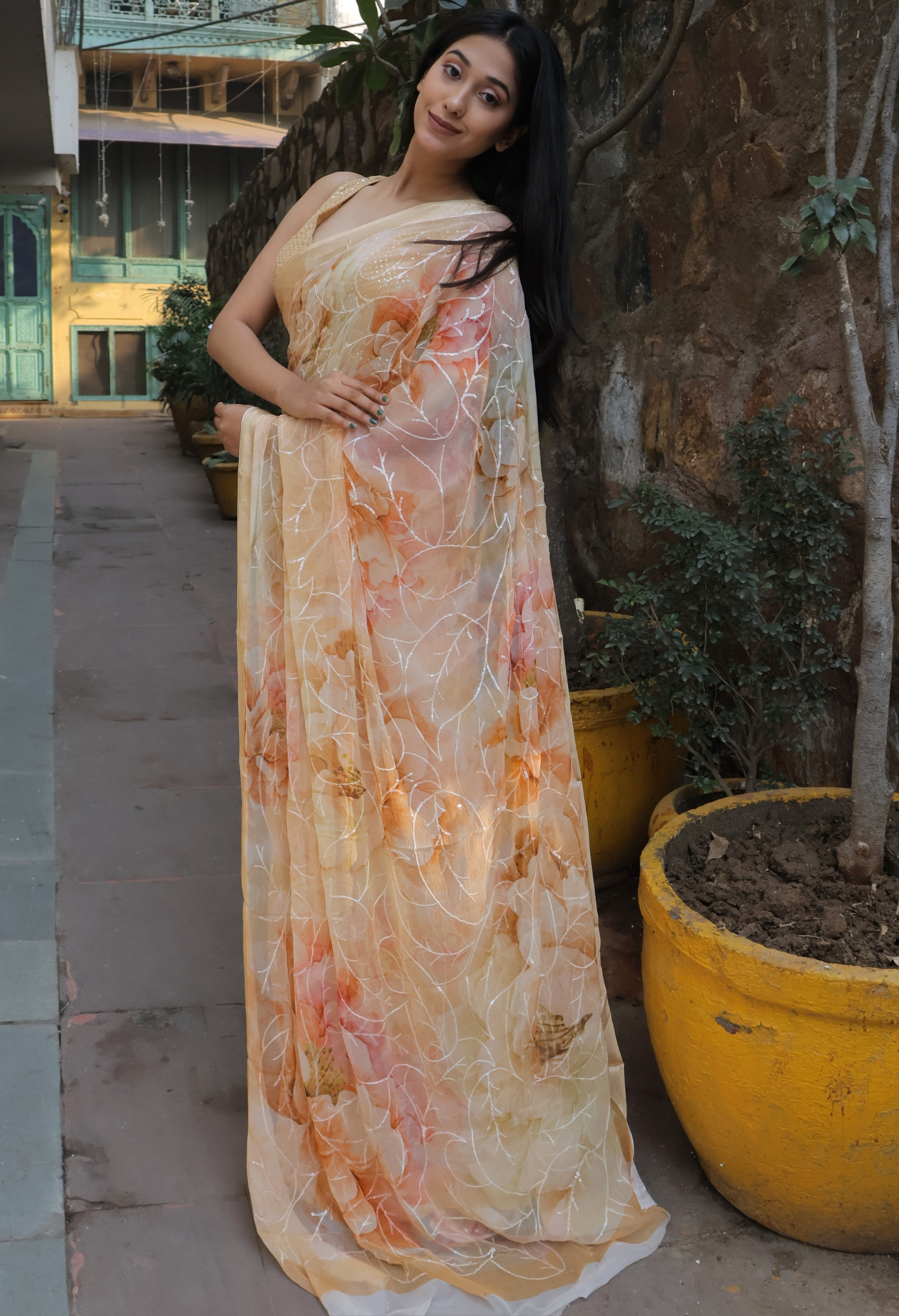 Salmon Peach Embroidered Pure chiffon saree styled as festive wear, daily wear saree, and party wear saree, a versatile trousseau saree for weddings.