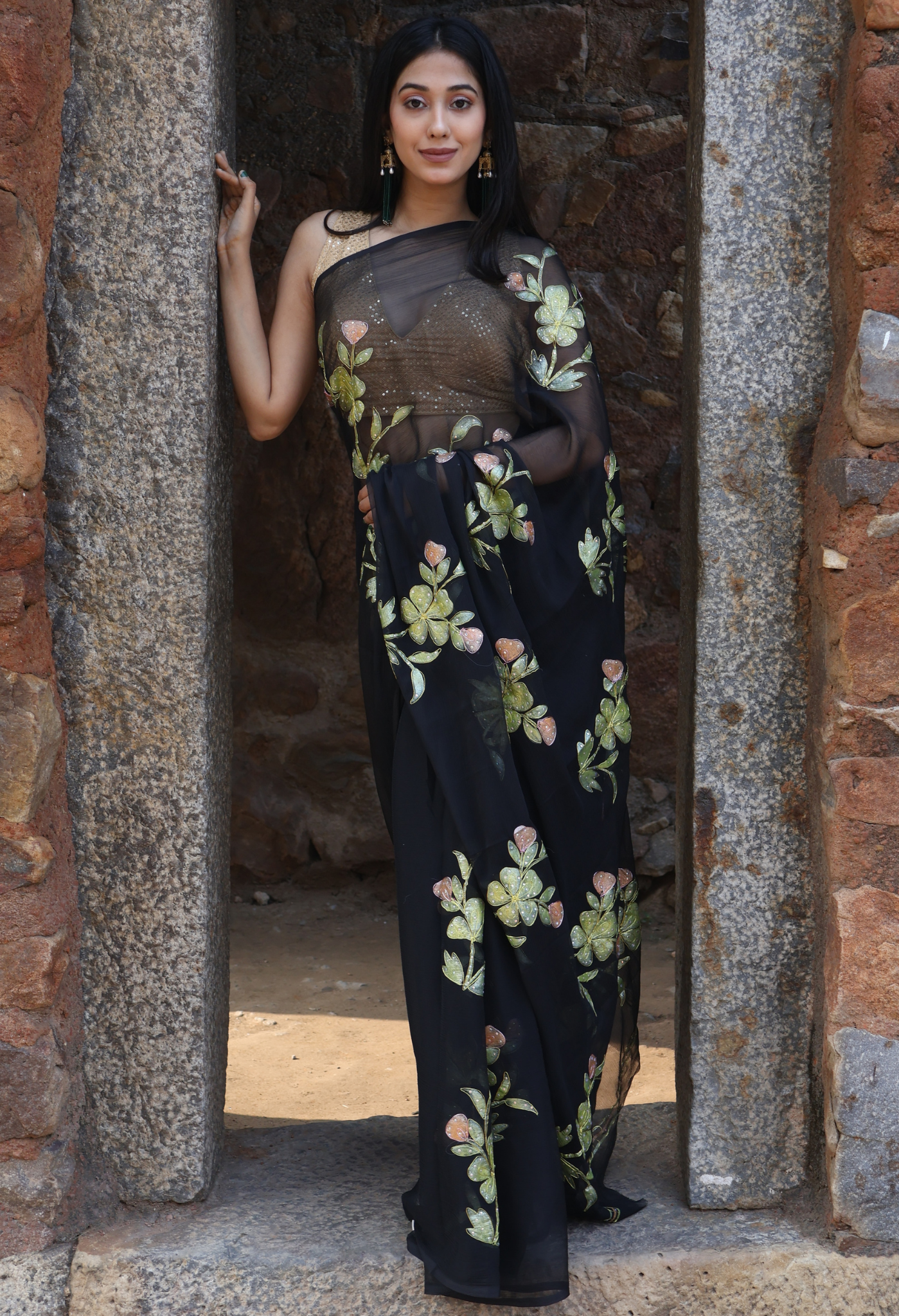 Shadow Black Hand Painted Chiffon Saree