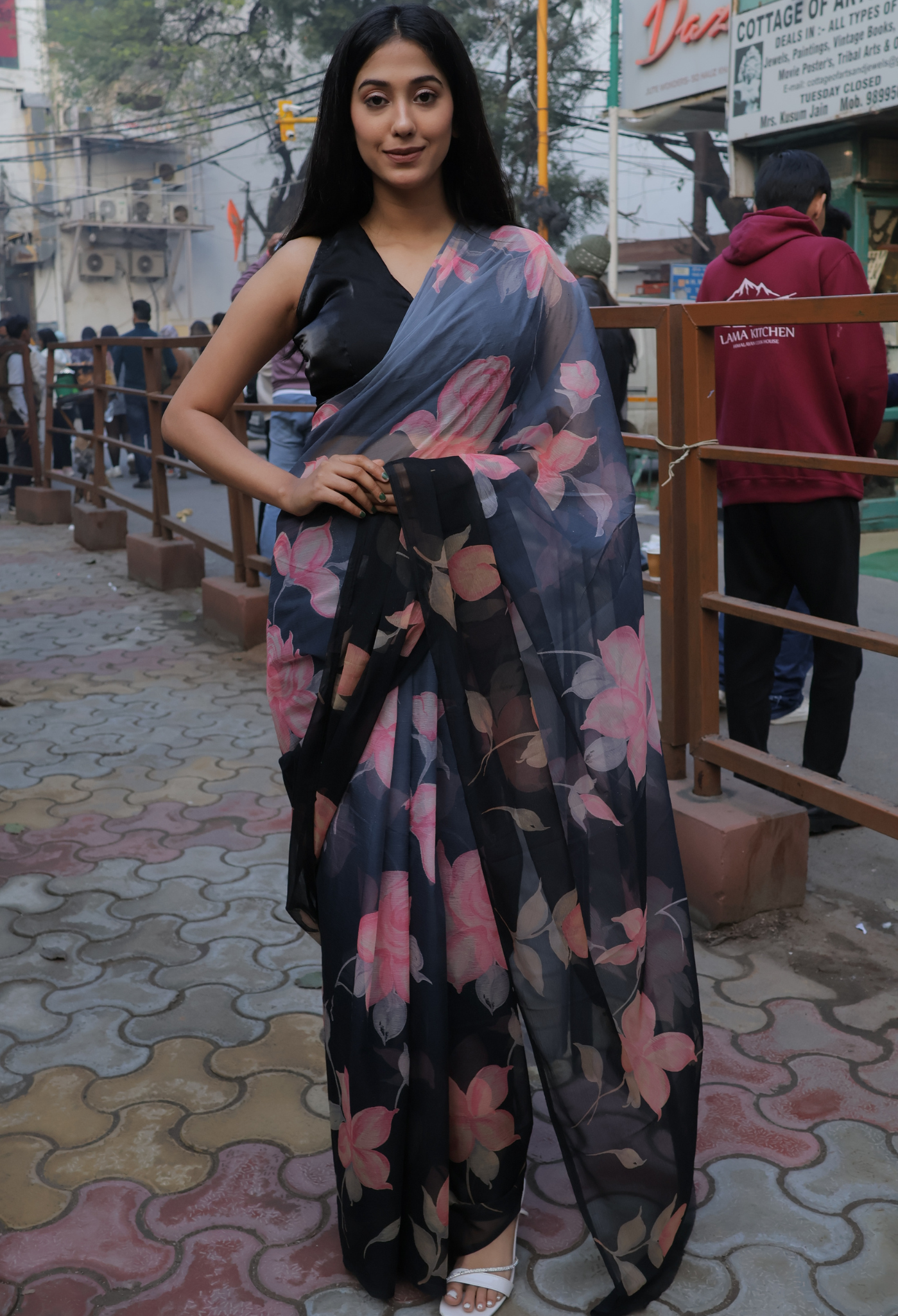 Thunder Black Floral Printed Chiffon Saree