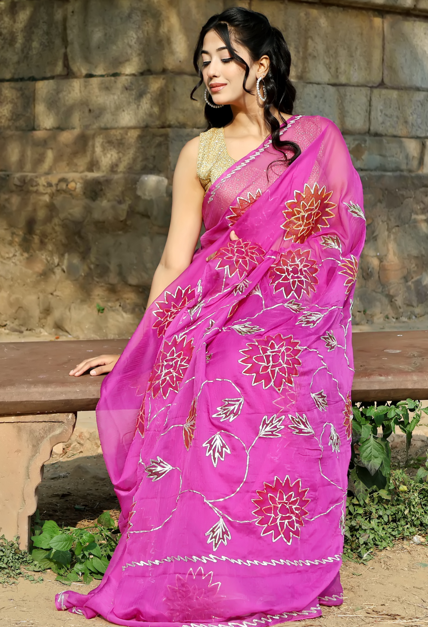 Purple Razzle Hand Painted Gota chiffon saree styled as festive wear, daily wear saree, and party wear saree.