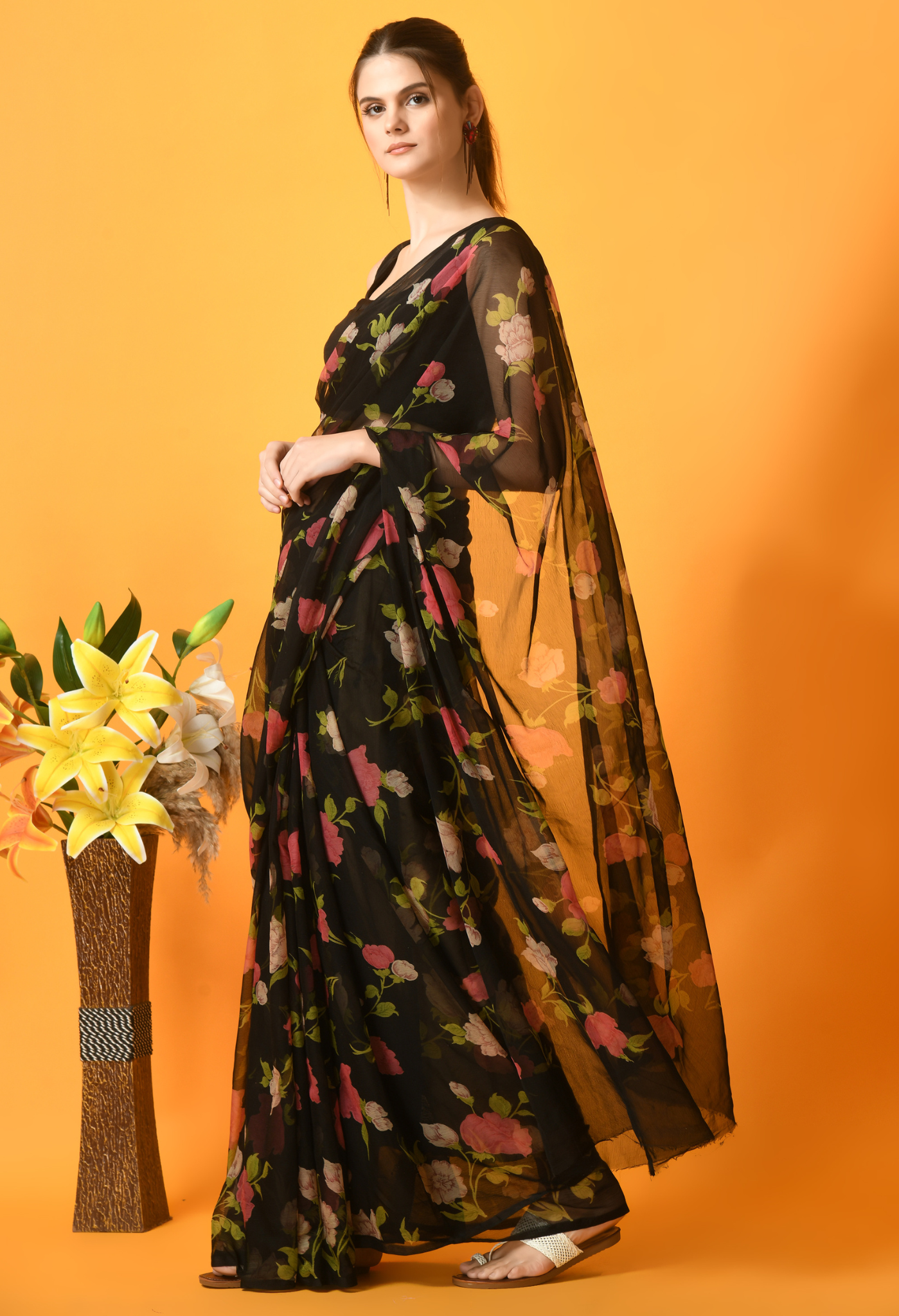 Gothic Floral Chiffon Printed Saree