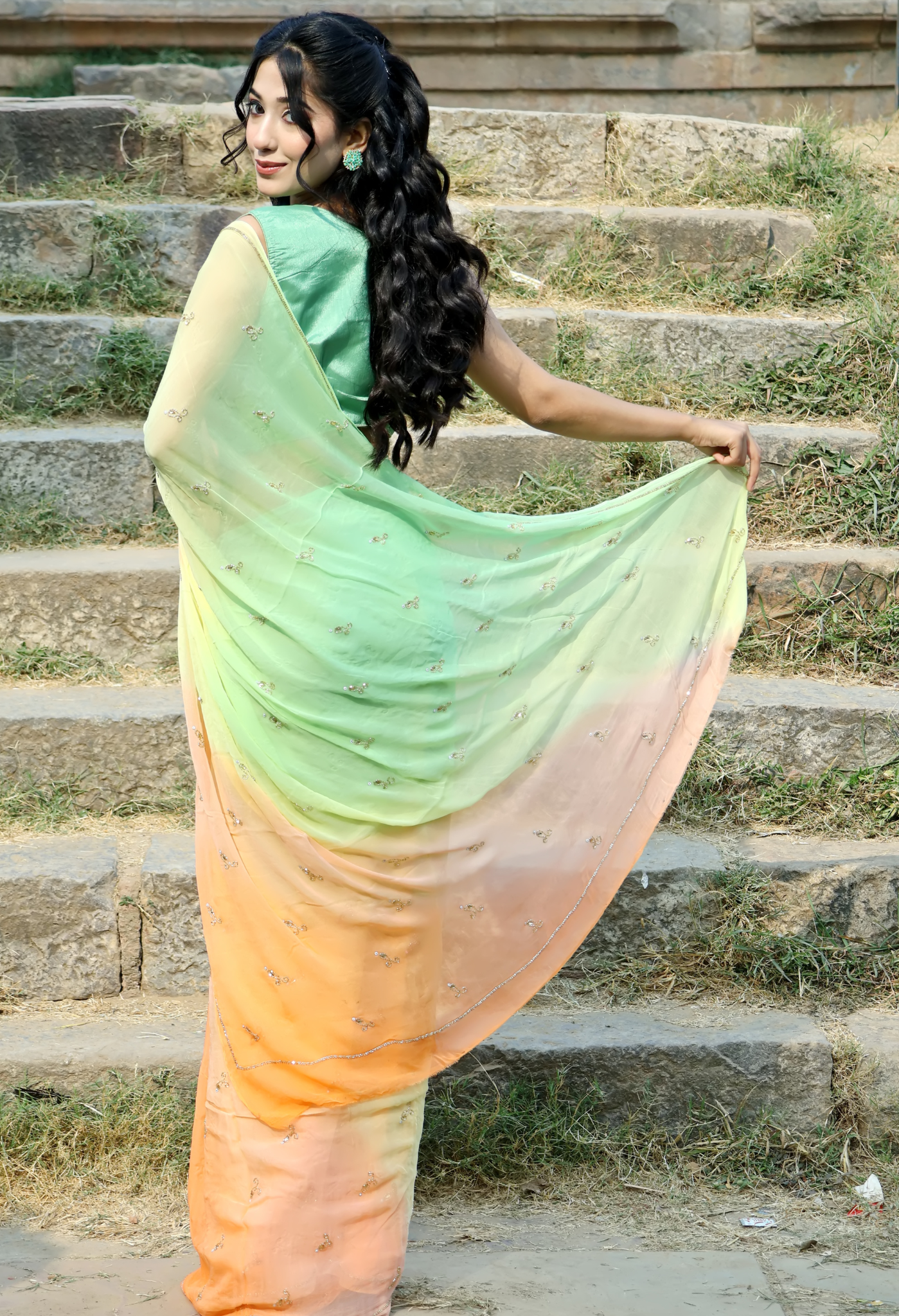 Apple Green Orange Hue Embellished Pure Chiffon Saree