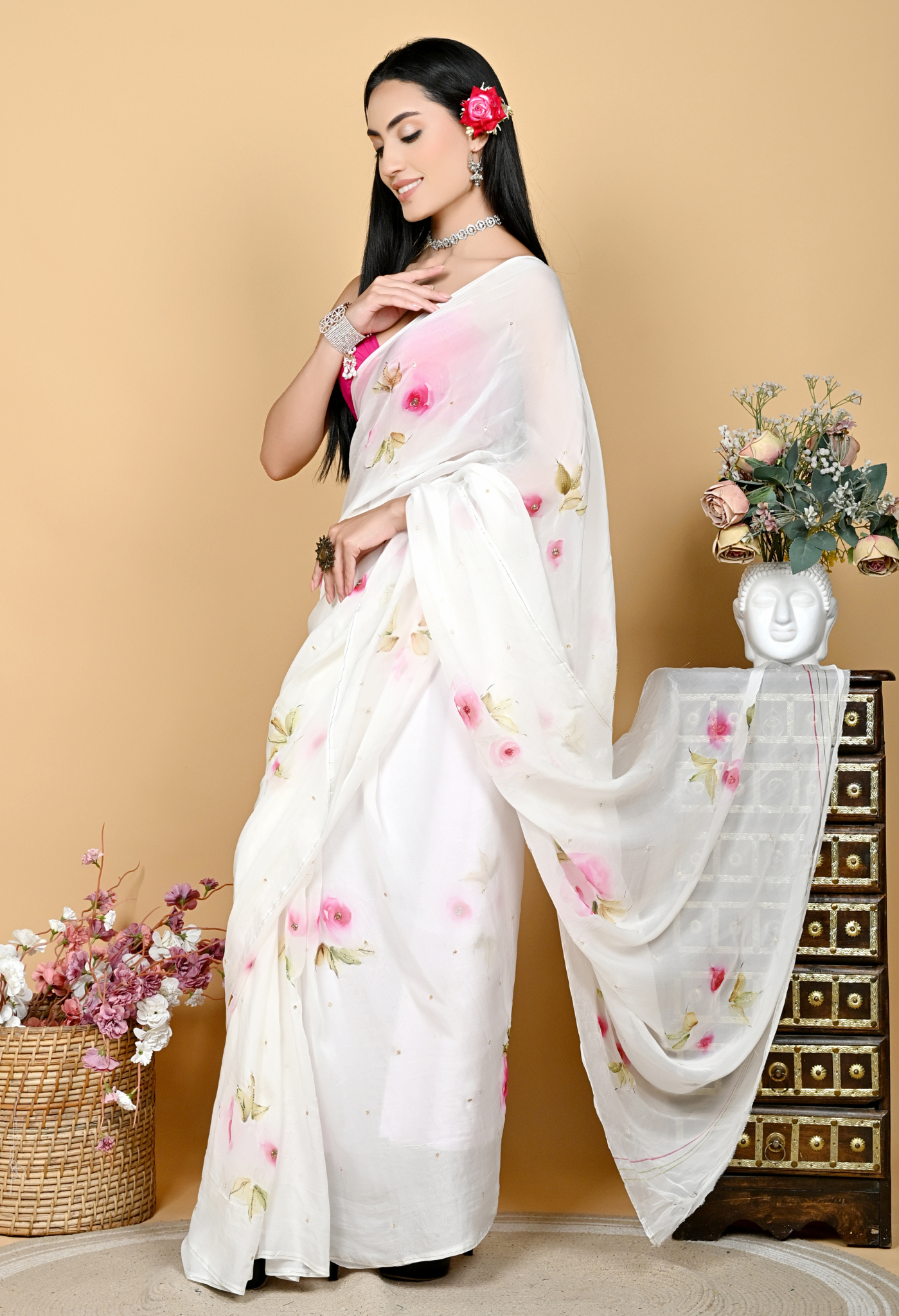 Cheeky Rose Hand Painted chiffon leheriya saree for festive wear, trousseau saree, or farewell saree for timeless pre-wedding collection looks.