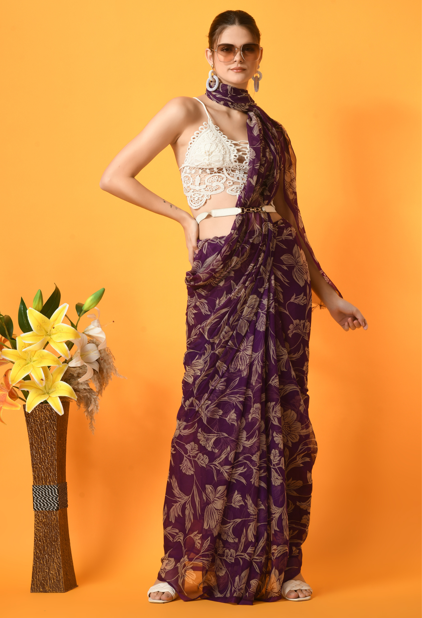 Charmacy Purple Printed Chiffon Saree