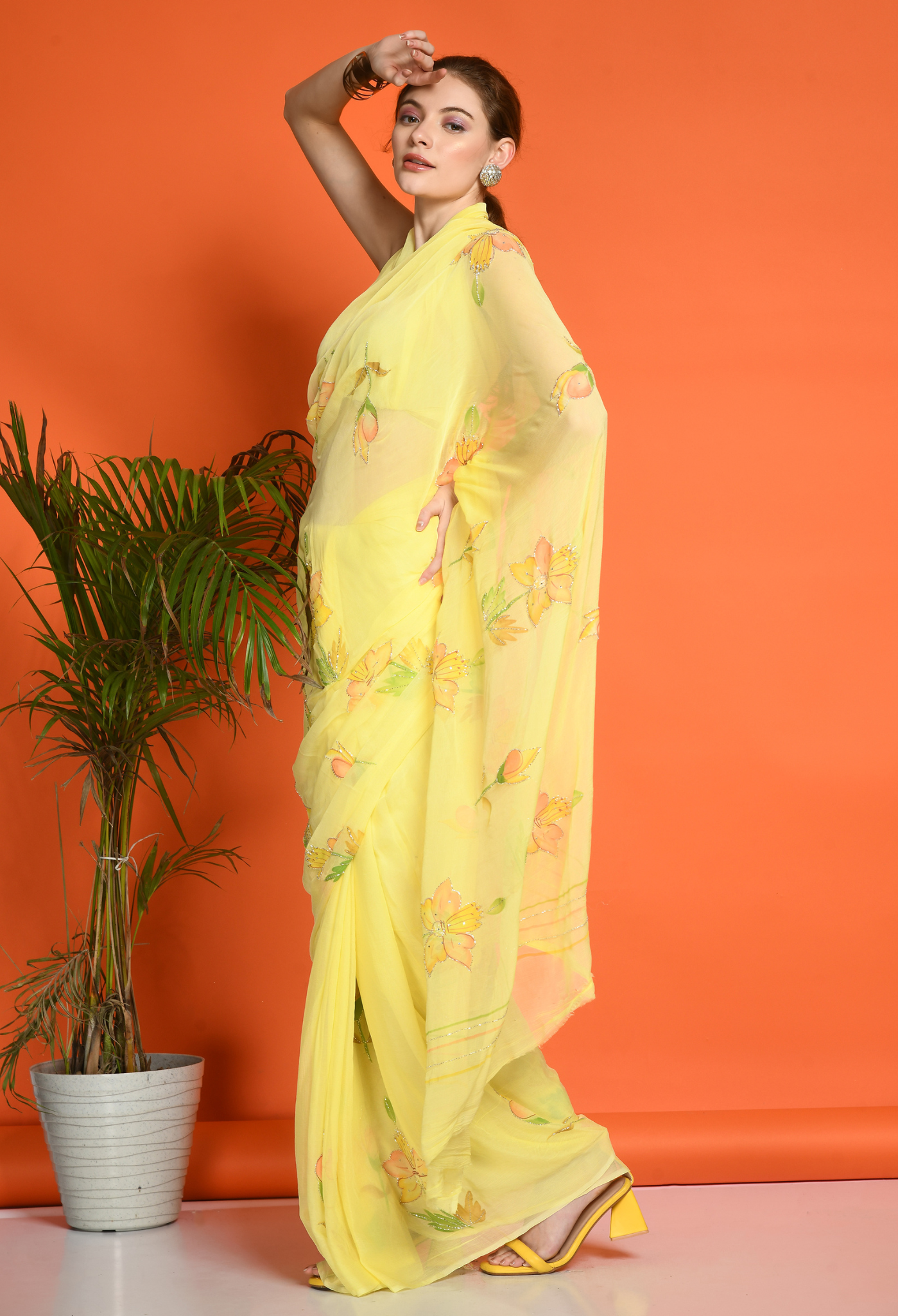 Daffodil Hand Painted Pure Chiffon Saree
