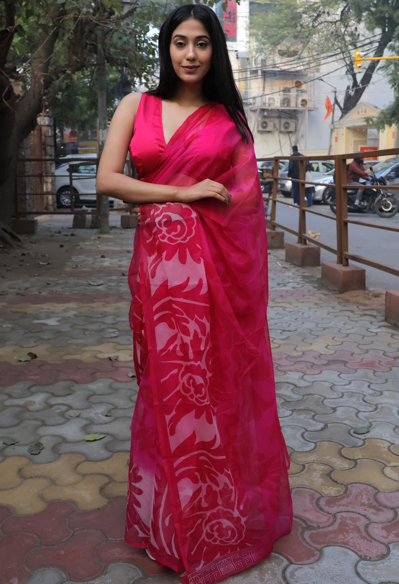 Ruby Pink Printed Chiffon Saree