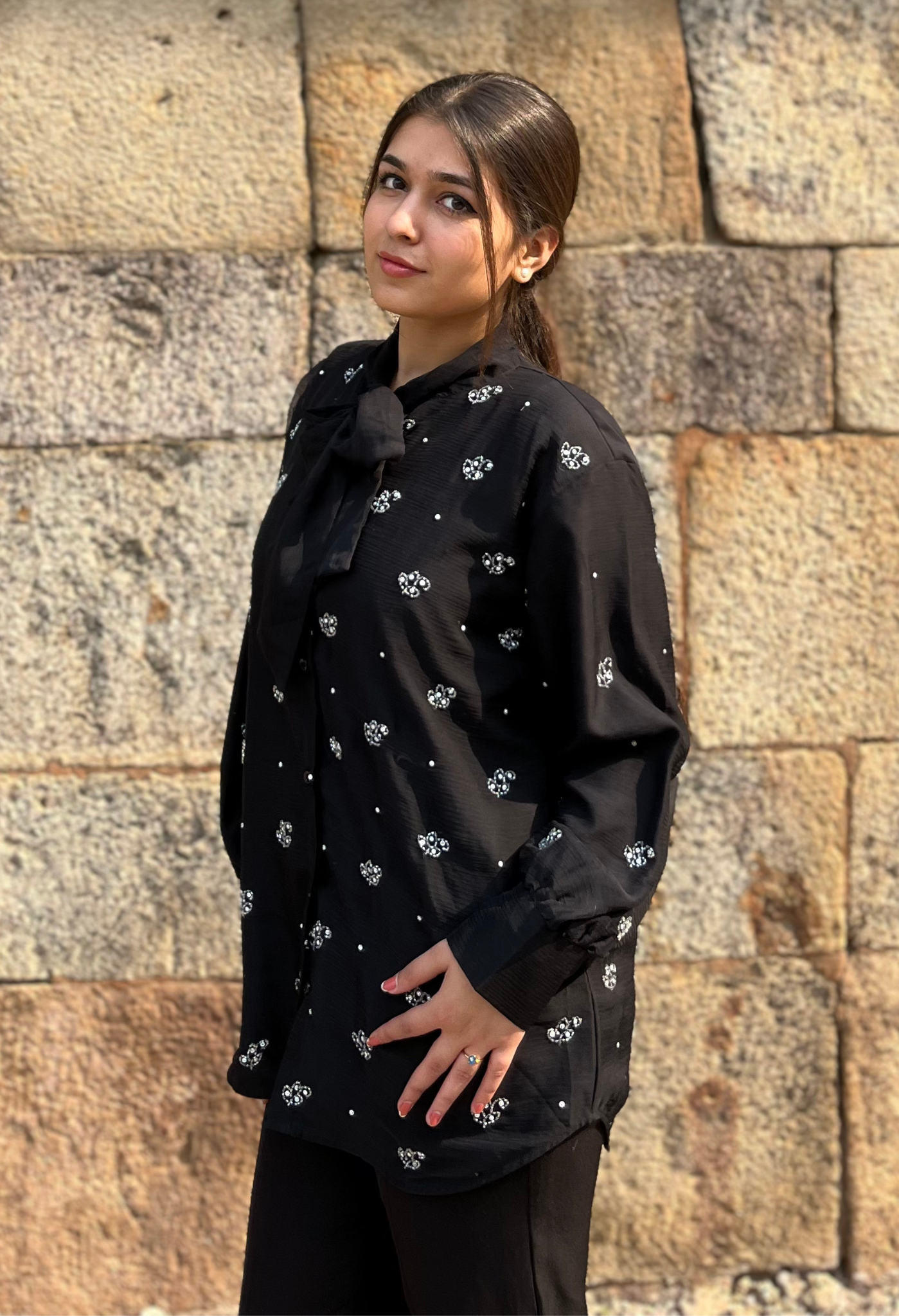 Charcoal Chiffon Embellished Bow Shirt