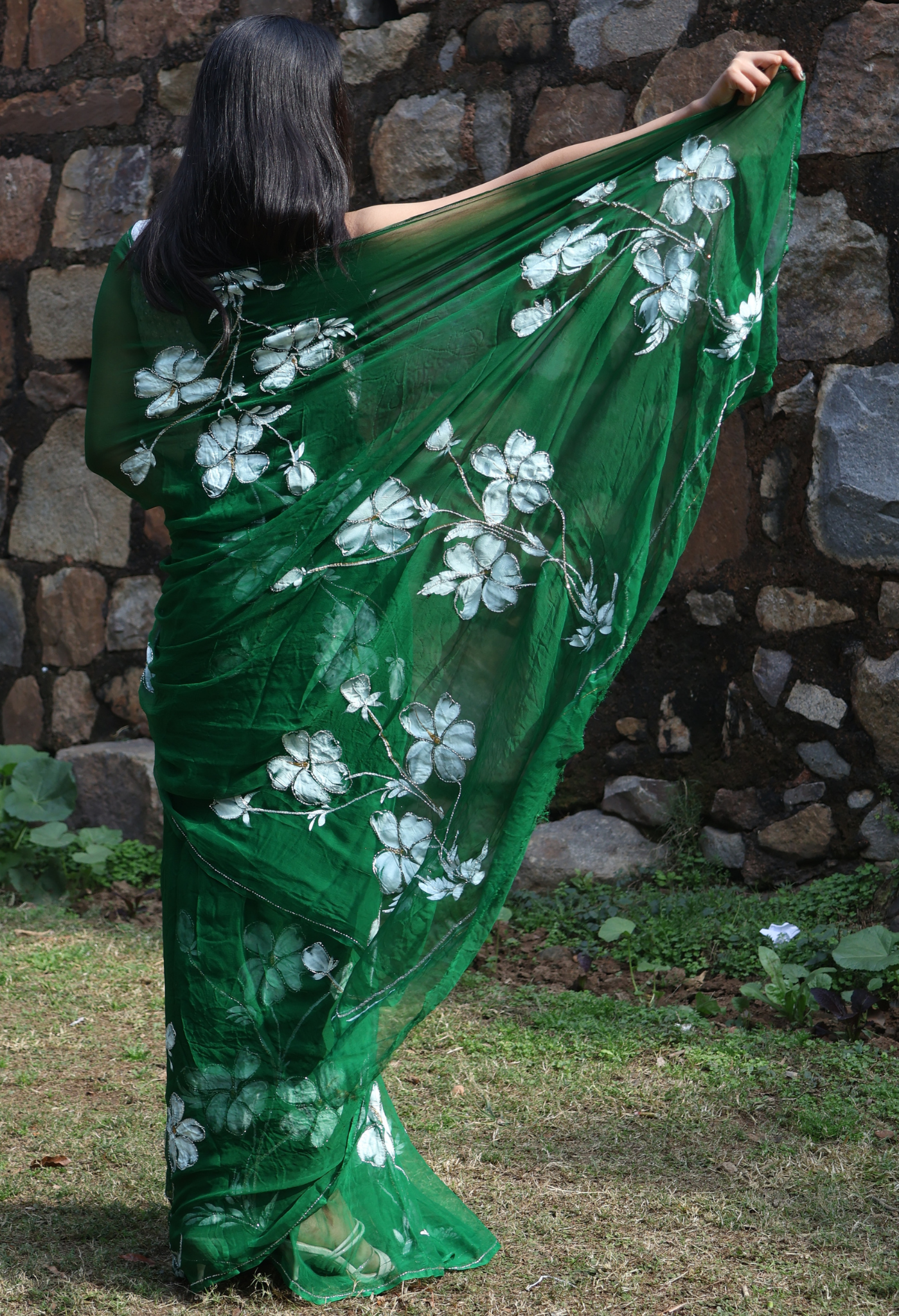 Lush Green Hand Painted Embellished Saree