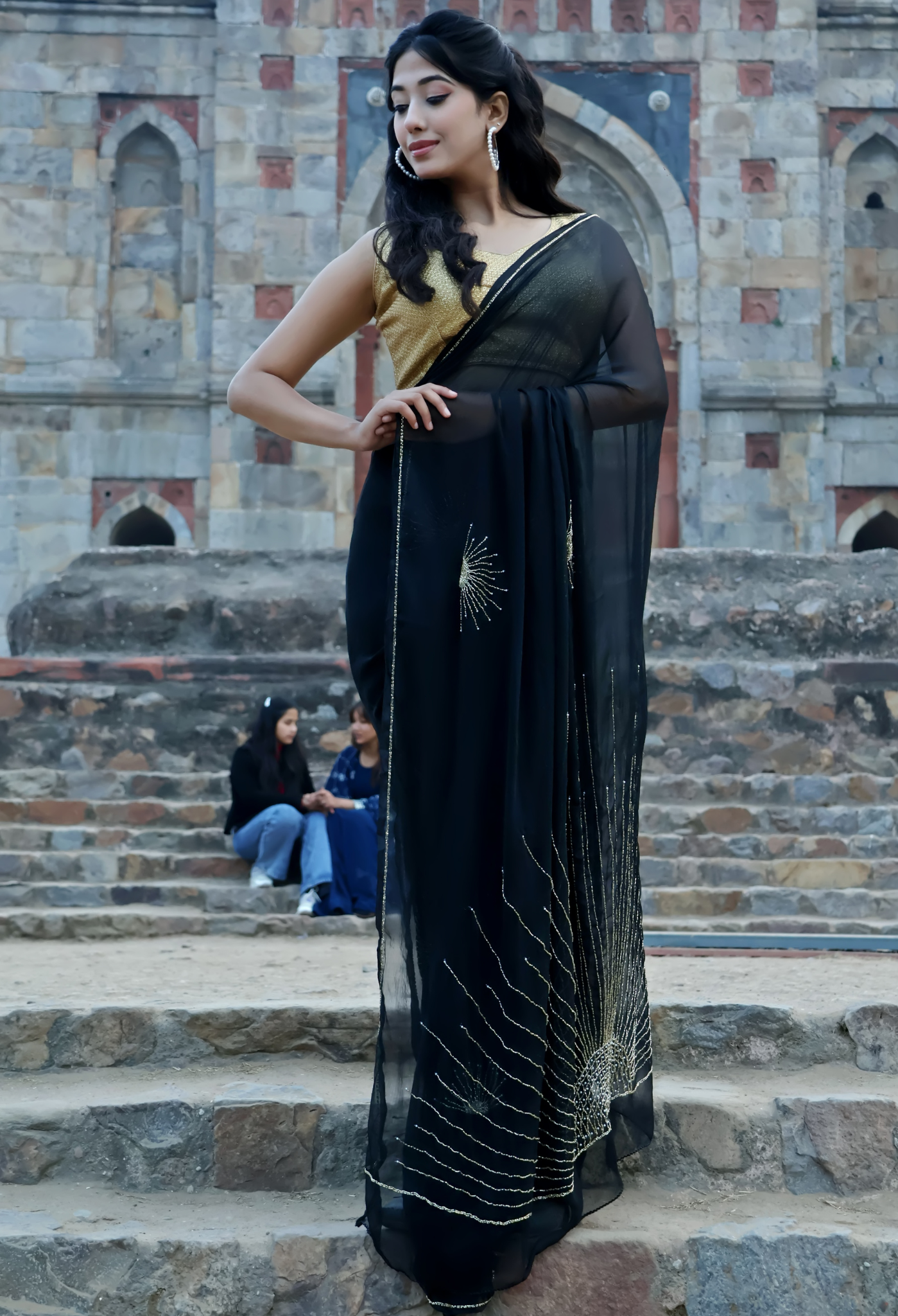 Moon Light Midnight chiffon saree styled as festive wear, daily wear saree, and party wear saree, a versatile trousseau saree for weddings.