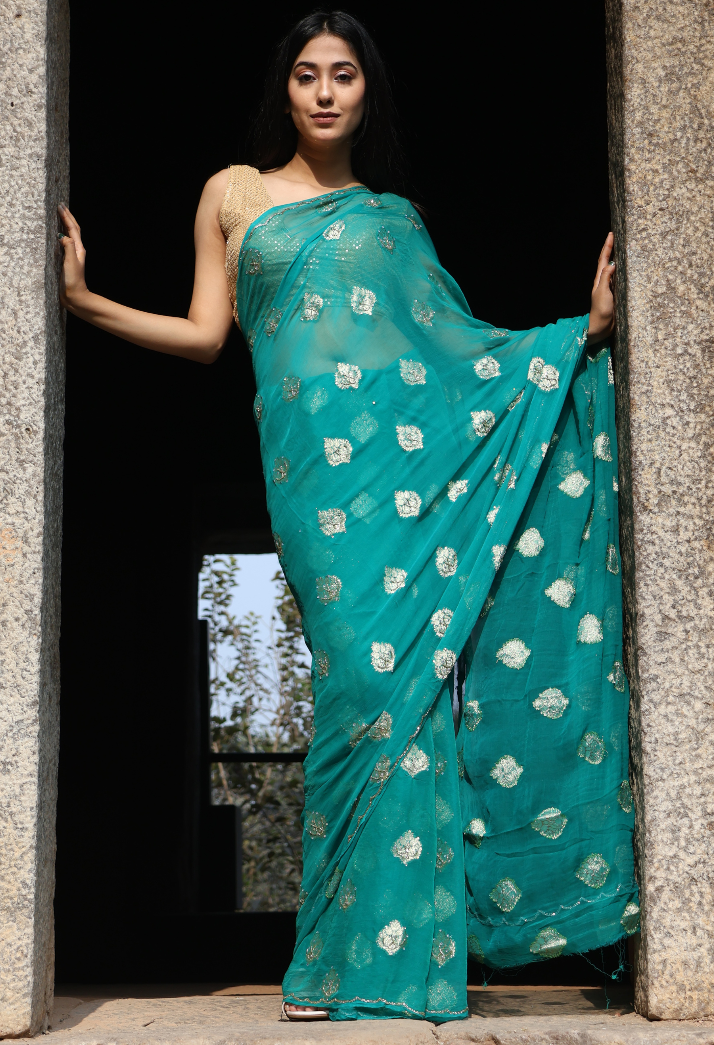 Regal Sea Green Banarasi Brocade Chiffon saree design showcasing festive wear elegance, styled as casual saree, party wear saree, and timeless trousseau saree.