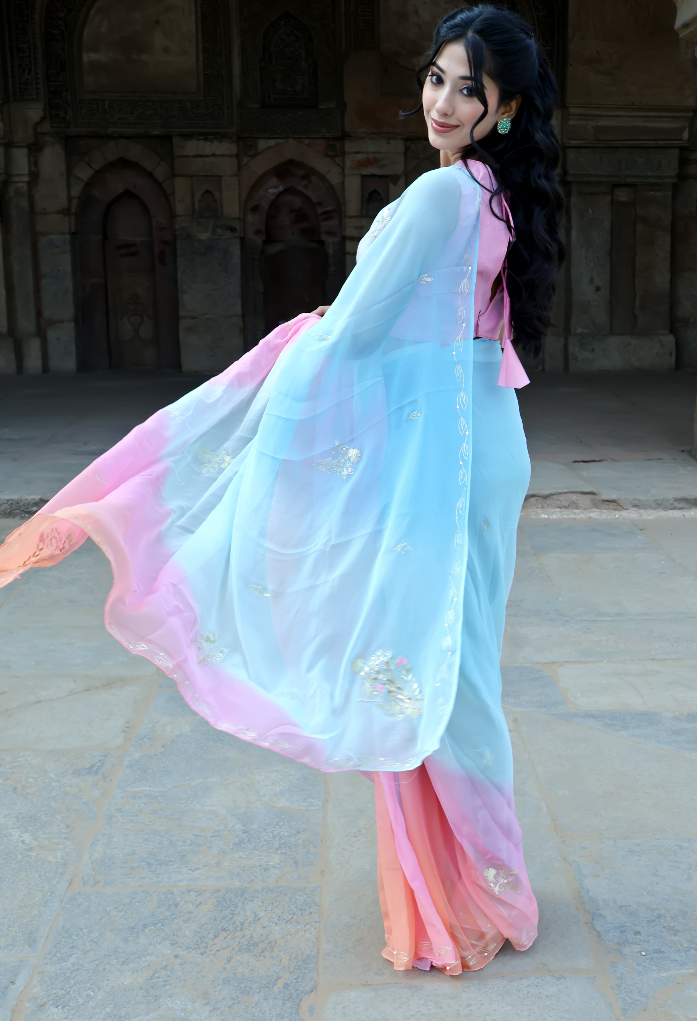Alice Blue Hue Embroidered Pure Chiffon Saree