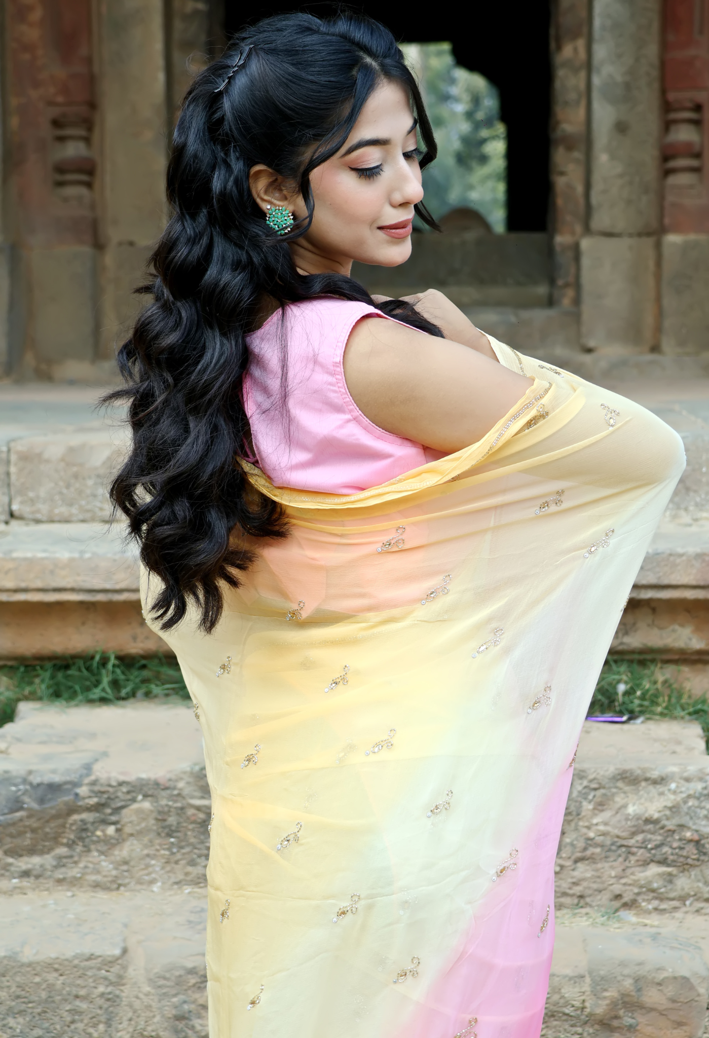 Cotton Candy Multi Hue Embellished Pure Chiffon Saree