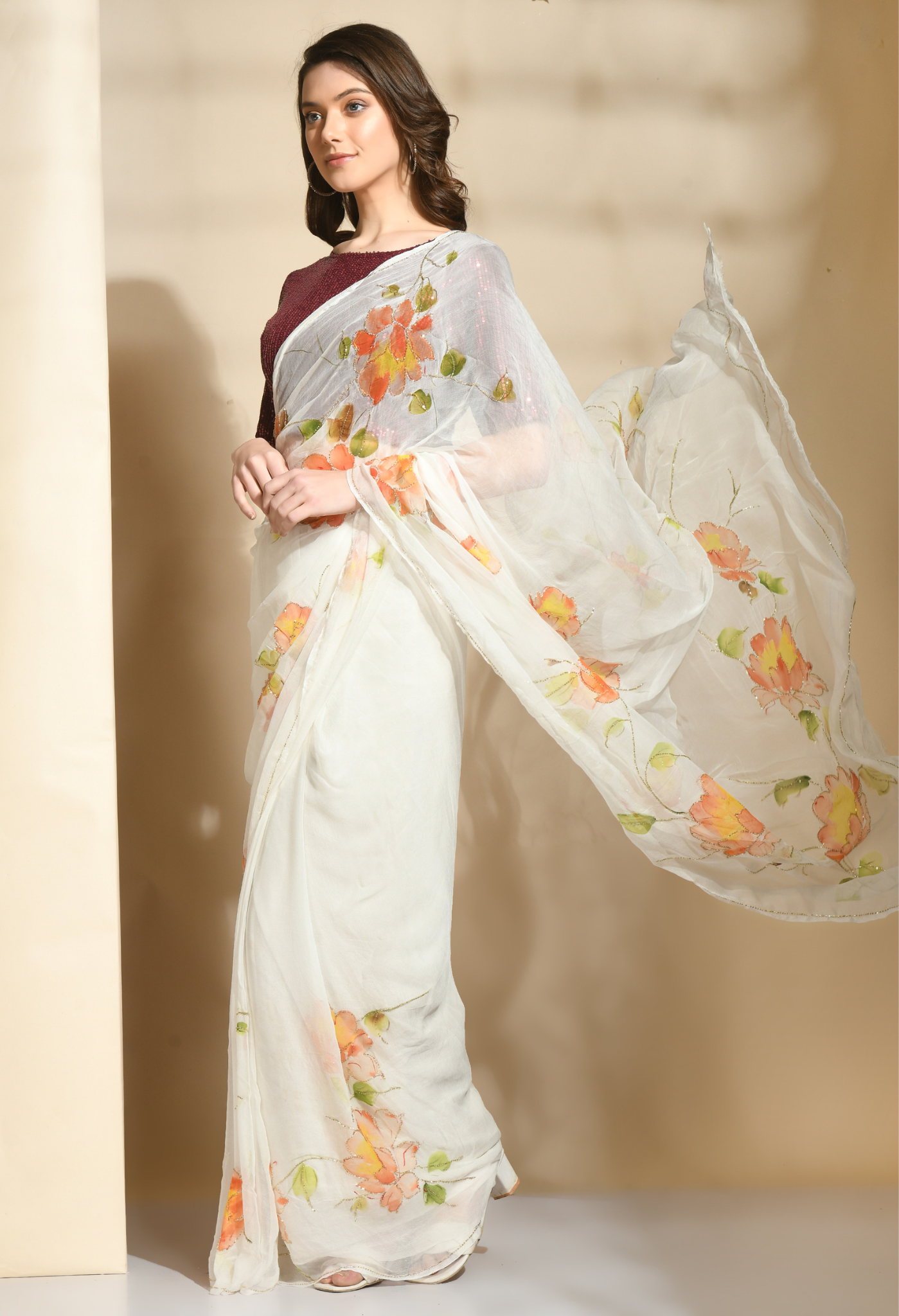Peony Floral Hand Painted Organza saree for festive wear, trousseau saree, or farewell saree for timeless pre-wedding collection looks.