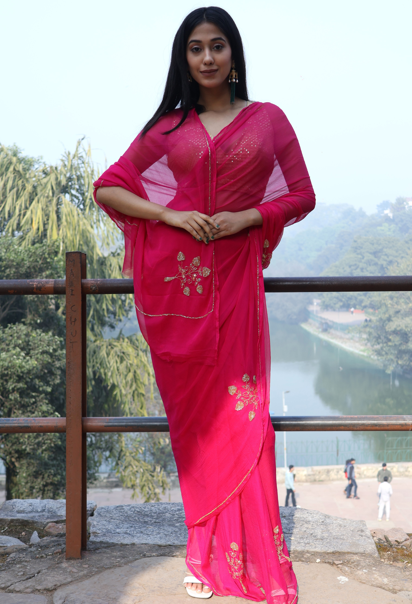 Elegant Hot Pink Embellished chiffon leheriya saree for festive wear, trousseau saree, or farewell saree for timeless pre-wedding collection looks.