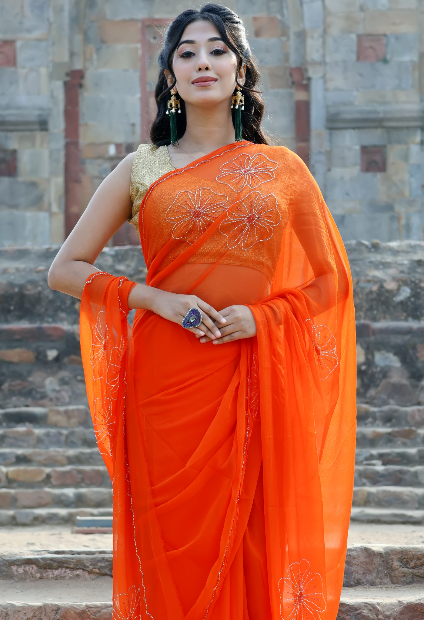 Elegant Princeton Orange Embellished chiffon leheriya saree for festive wear, trousseau saree, or farewell saree for timeless pre-wedding collection looks.