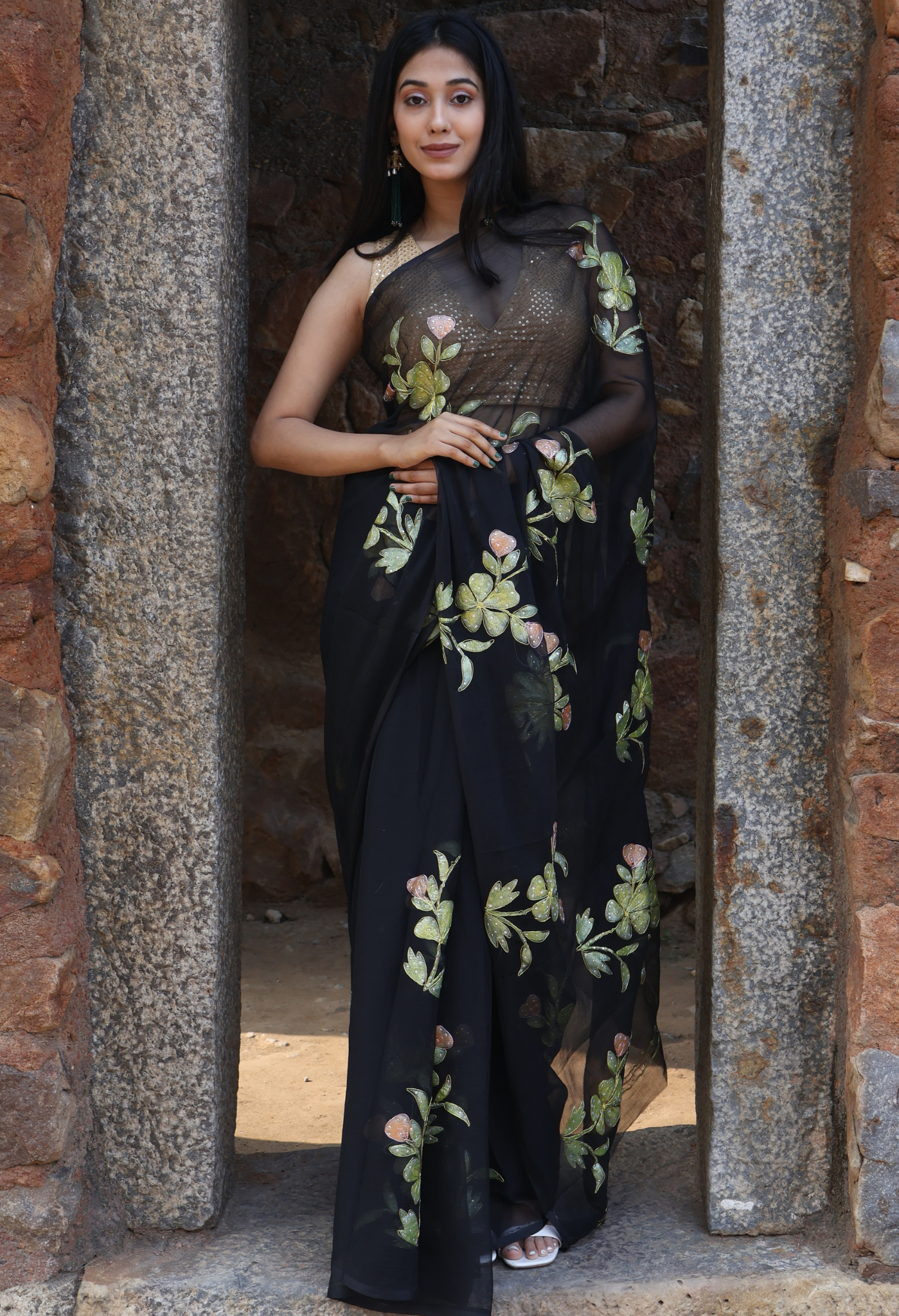 Shadow Black Hand Painted Chiffon Saree