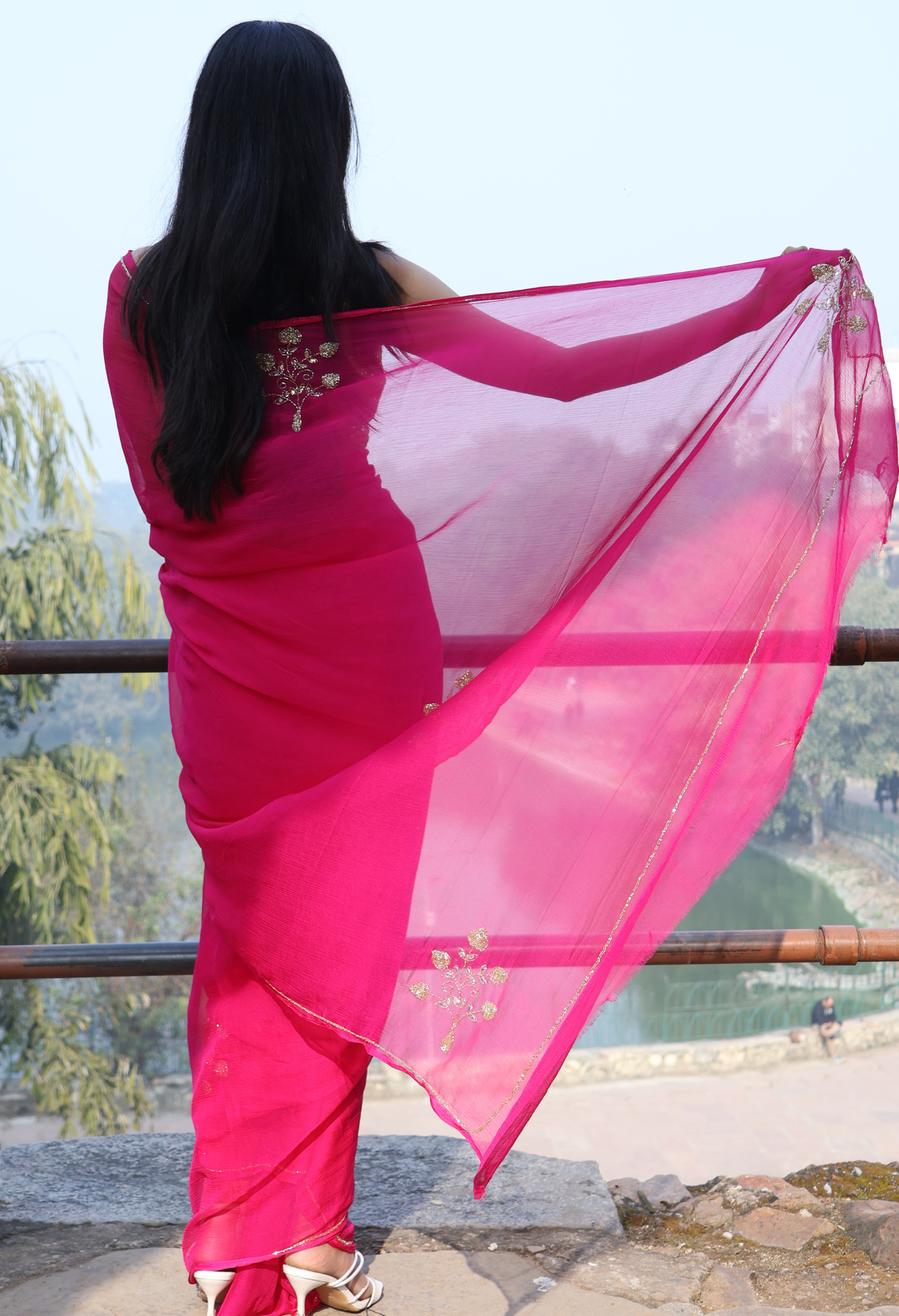 Elegant Hot Pink Embellished chiffon leheriya saree for festive wear, trousseau saree, or farewell saree for timeless pre-wedding collection looks.