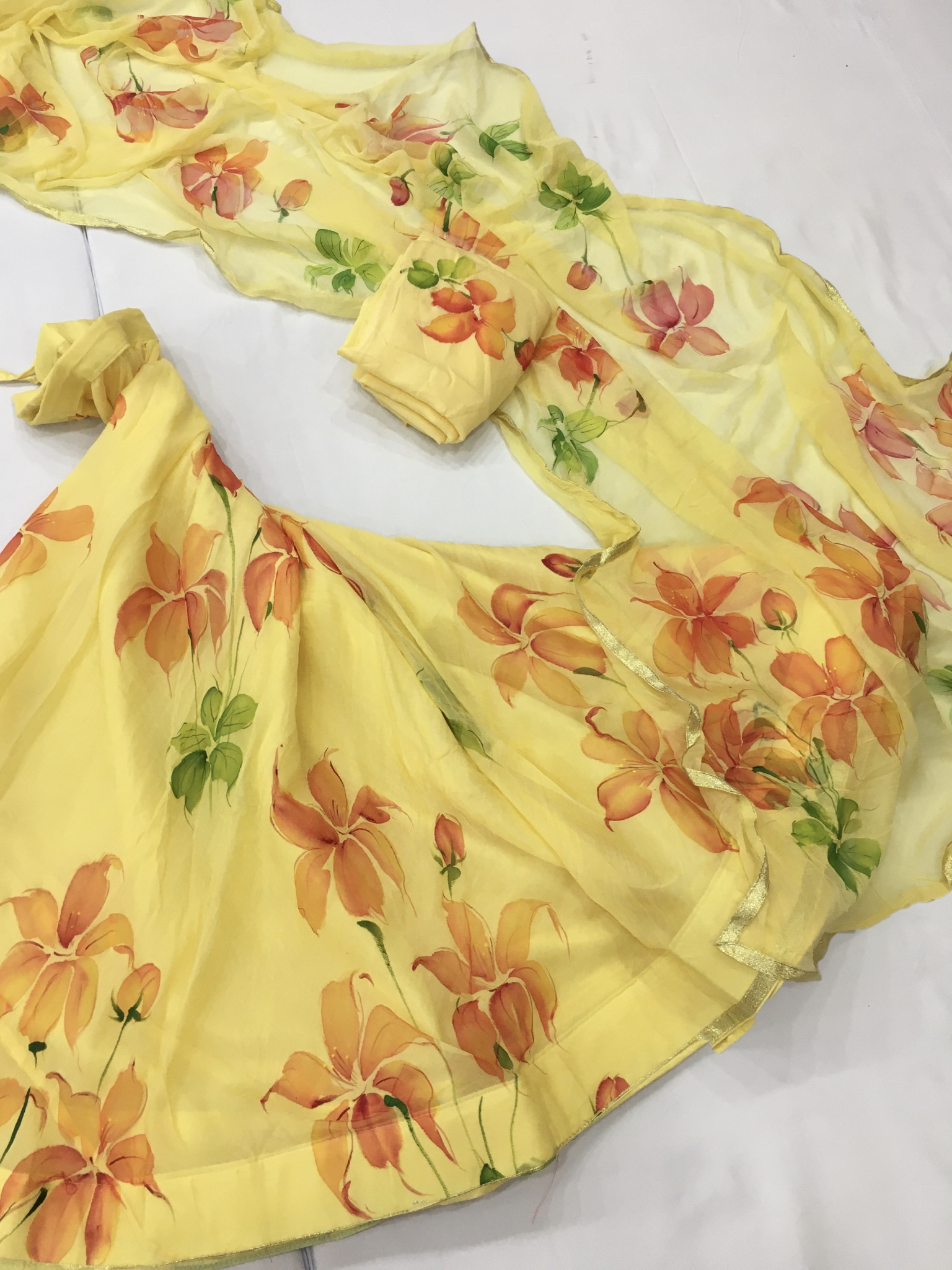 Handpainted Organza Silk Lehenga with Chiffon Dupatta