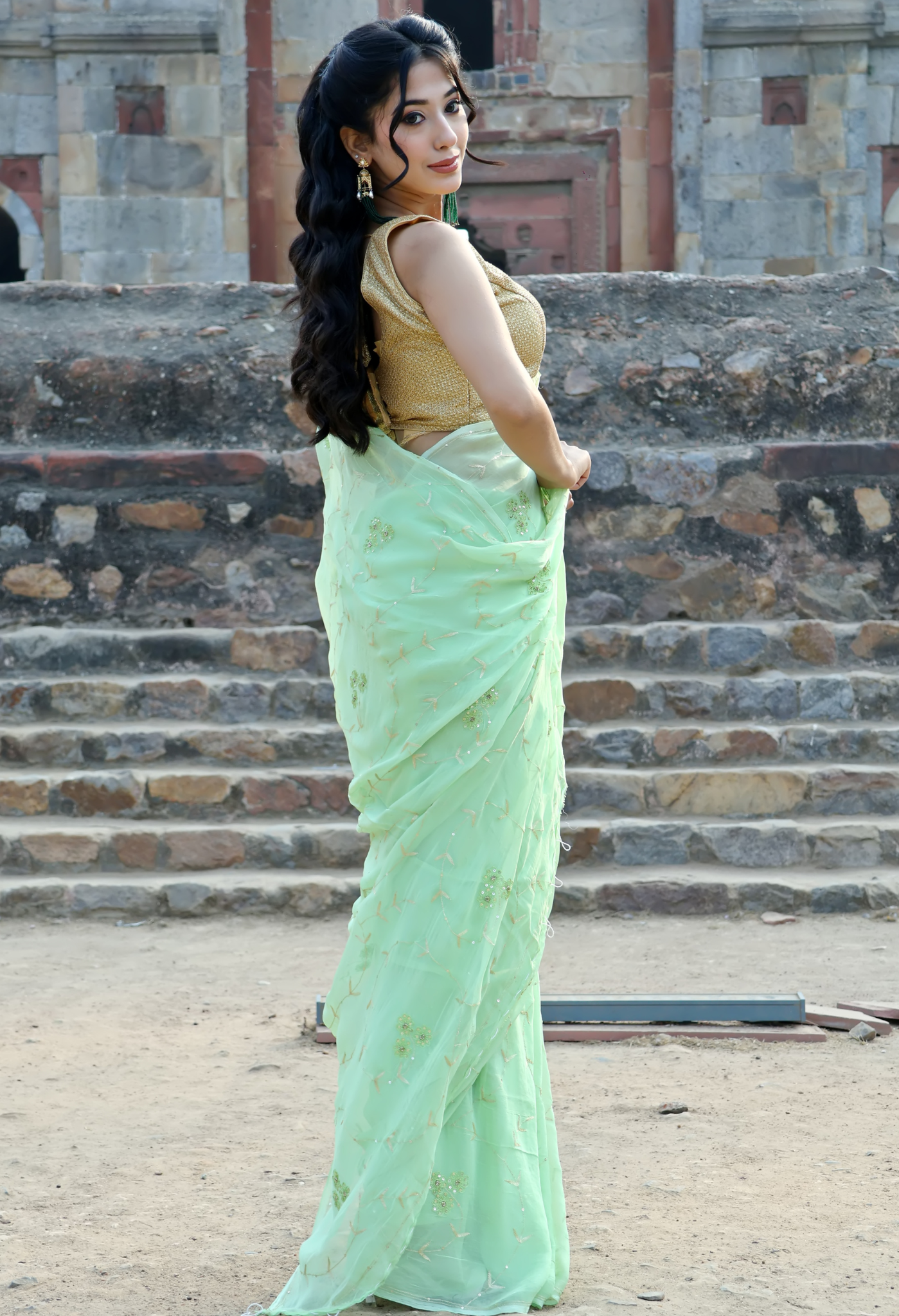 Green Pearl Gold Embroidered Pure Chiffon chiffon saree styled as festive wear, daily wear saree, and party wear saree, a versatile trousseau saree for weddings.