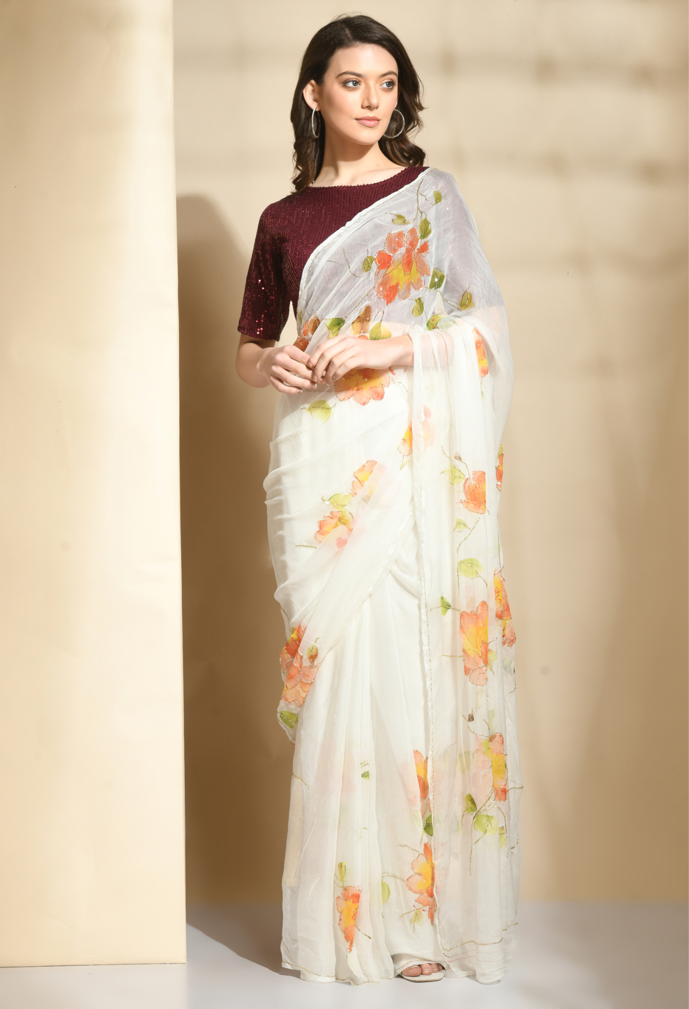 Peony Floral Hand Painted Organza saree for festive wear, trousseau saree, or farewell saree for timeless pre-wedding collection looks.