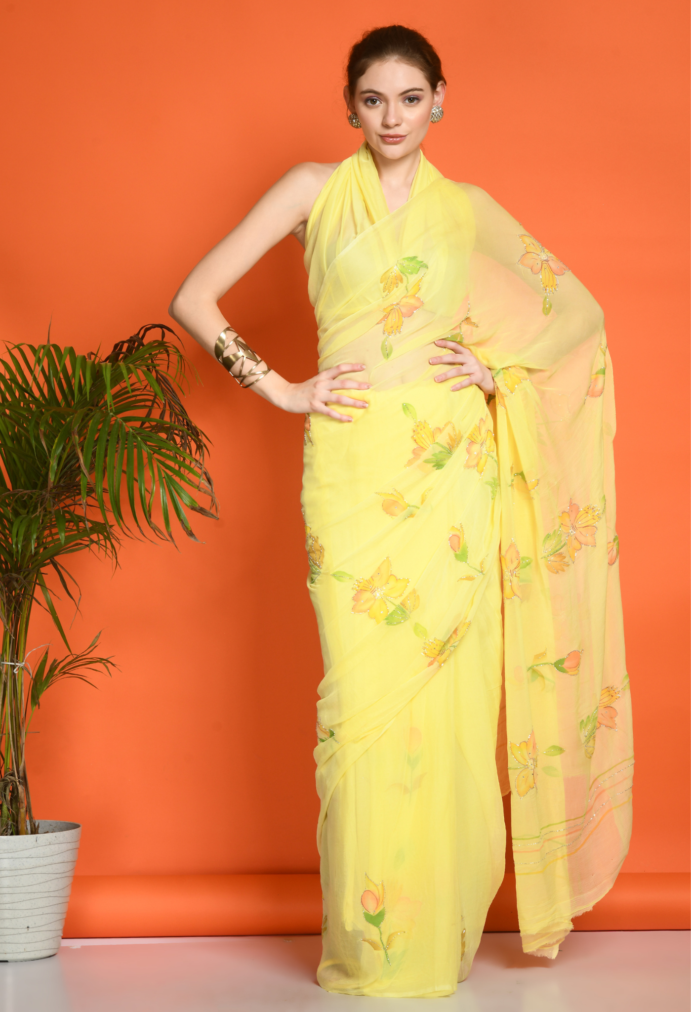 Daffodil Hand Painted Pure Chiffon Saree