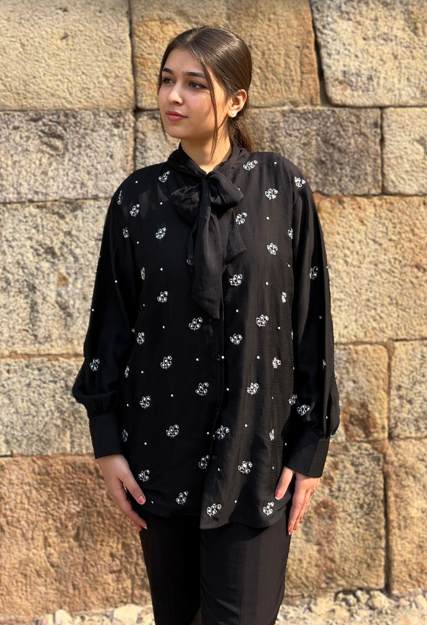 Charcoal Chiffon Embellished Bow Shirt
