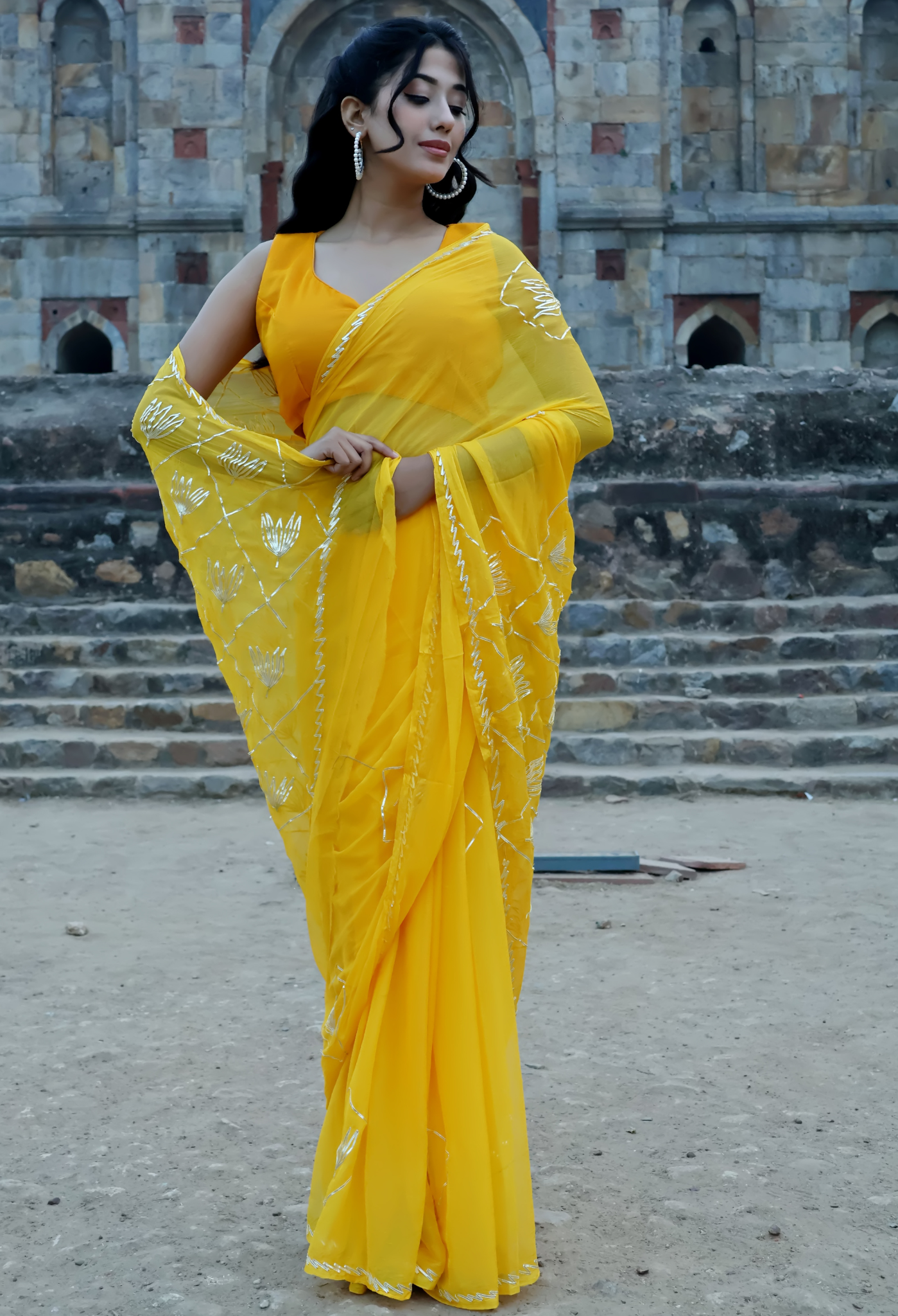 Sunshine Radiant Gotta Work Sophisticated chiffon saree designed for festive wear, pre-wedding collection, versatile as party wear saree and trousseau saree.