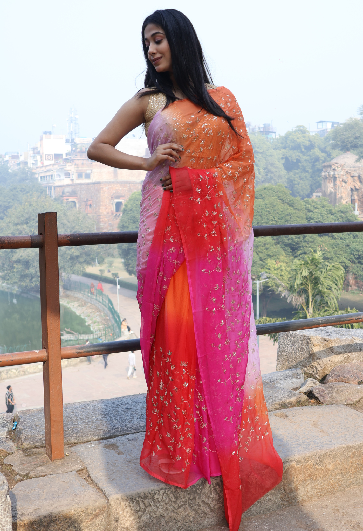 Creamy Rose Sequin Multi Hue chiffon saree styled as festive wear, daily wear saree, and party wear saree, a versatile trousseau saree for weddings.