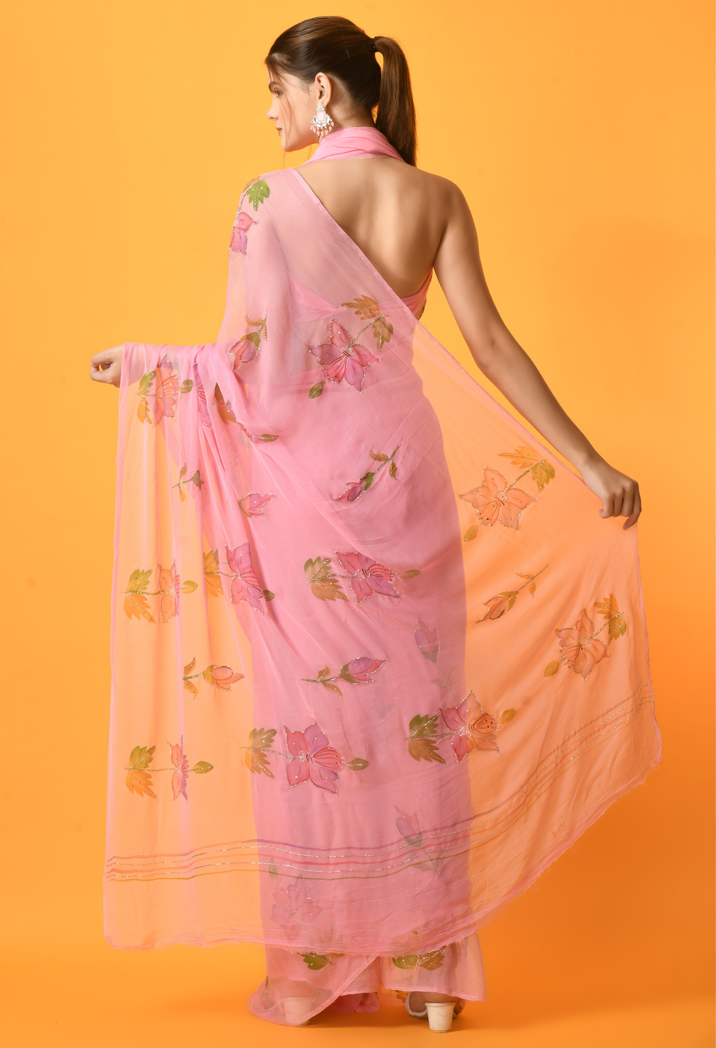Bubble Gum Floral Hand Painted Chiffon Saree with Cut dana work