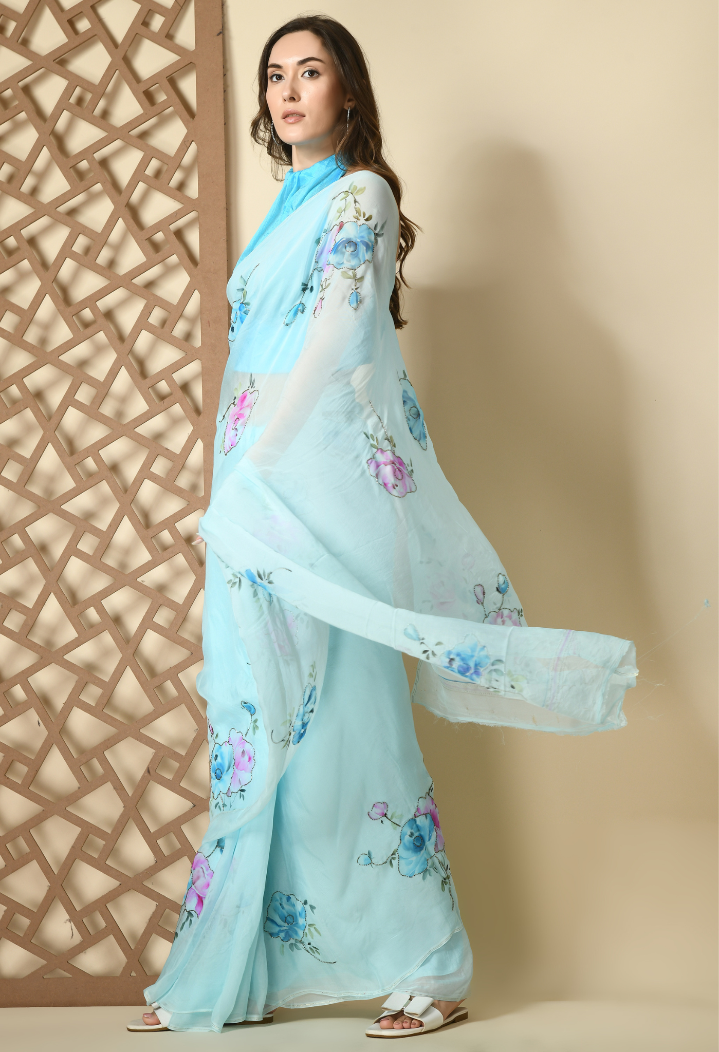 Pearl Aqua Hand Painted Organza Saree