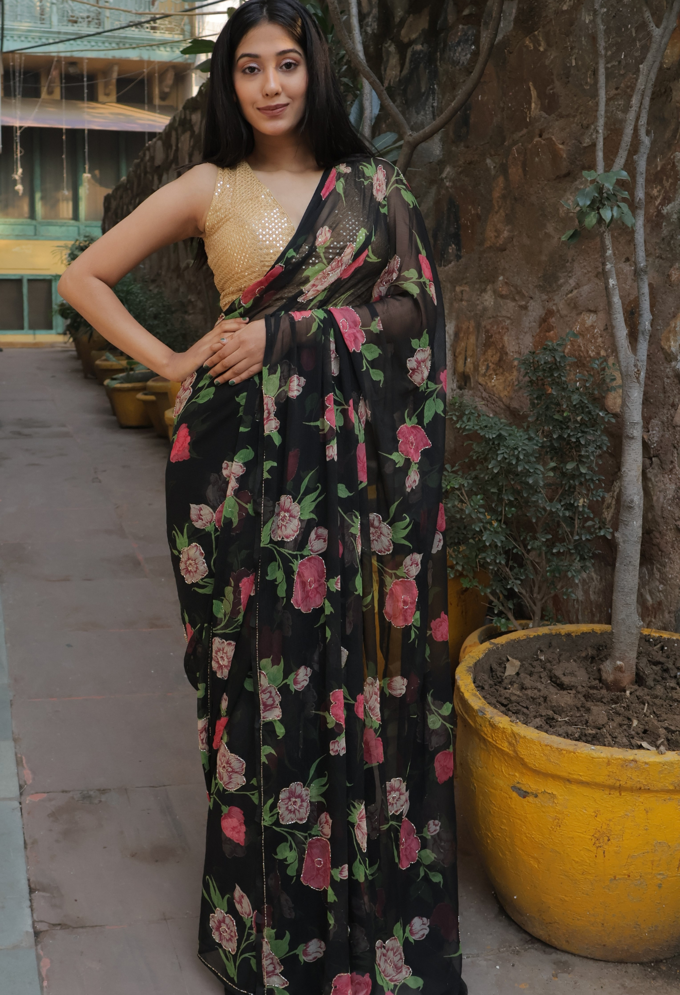Ash Black Floral Chiffon Saree with cut dana Detailing design showcasing festive wear elegance, styled as casual saree, party wear saree, and timeless trousseau saree.