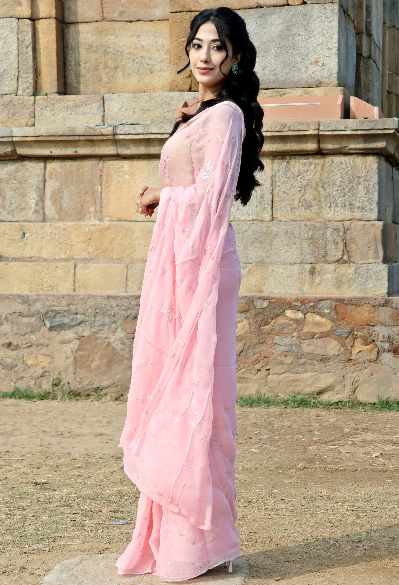 Pink Pearl Gold Embroidered Pure Elegant chiffon saree styled as festive wear, daily wear saree, and party wear saree.