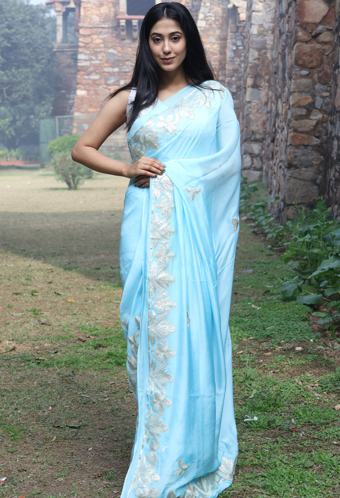 Aqua Pearl Silk Saree