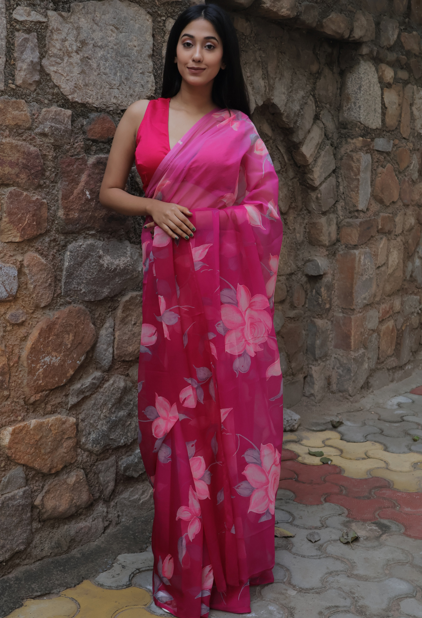 Thunder Black Floral Printed Chiffon Saree