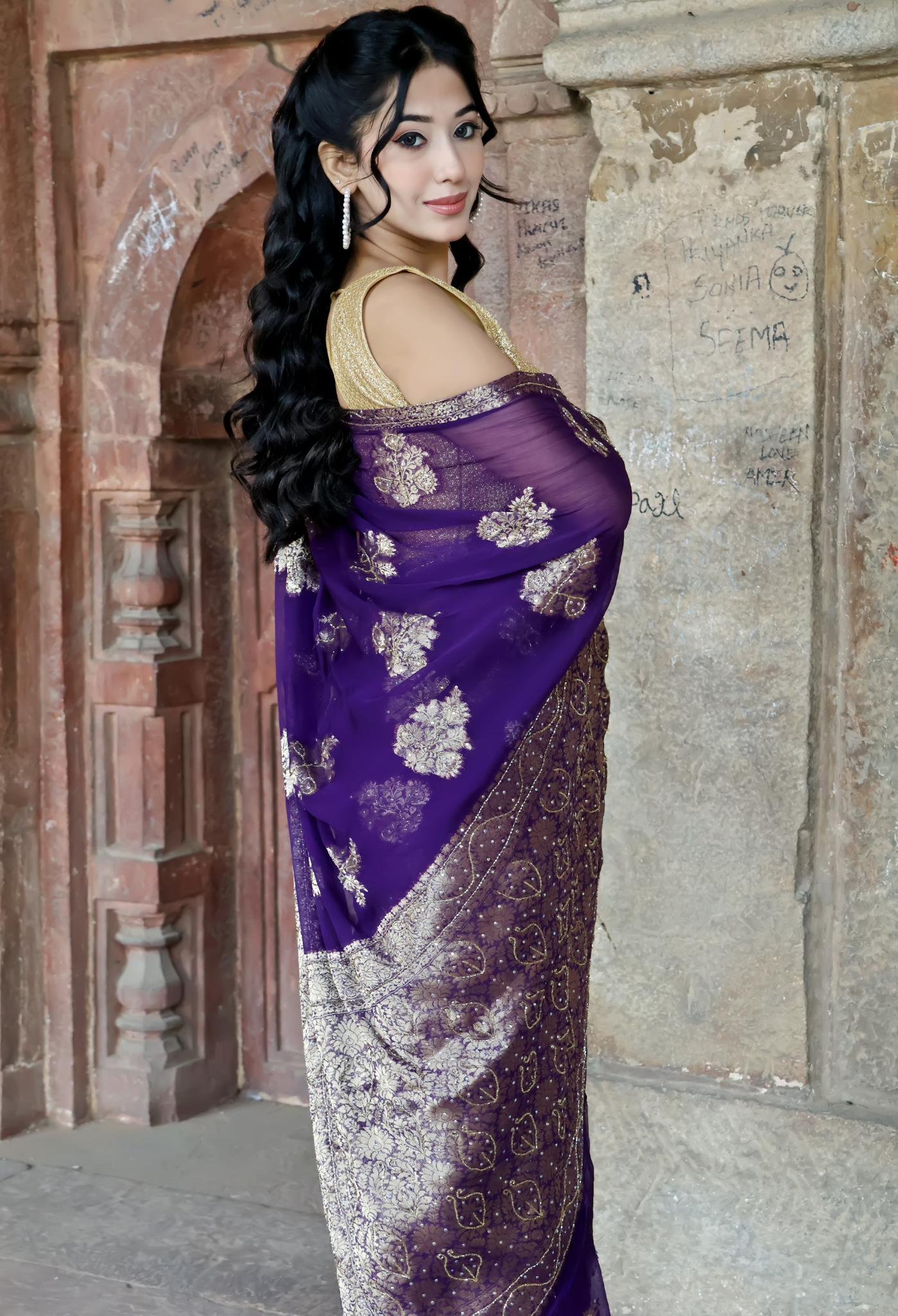 Elegant Dark Purple Banarasi chiffon leheriya saree for festive wear, trousseau saree, or farewell saree for timeless pre-wedding collection looks.